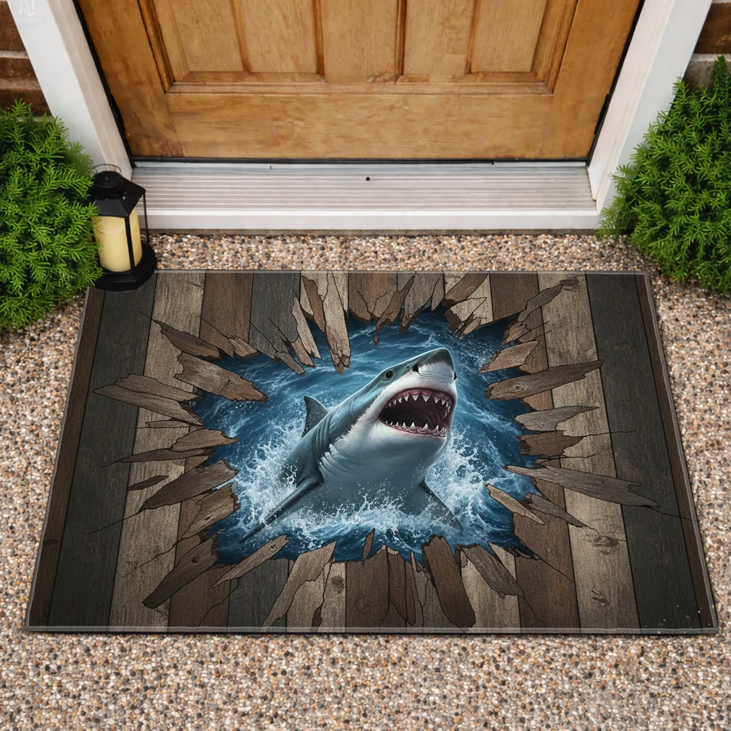 Breaching Great White Shark Ocean Waves - Home Decor Gift for Marine Life Lover Doormat - 1