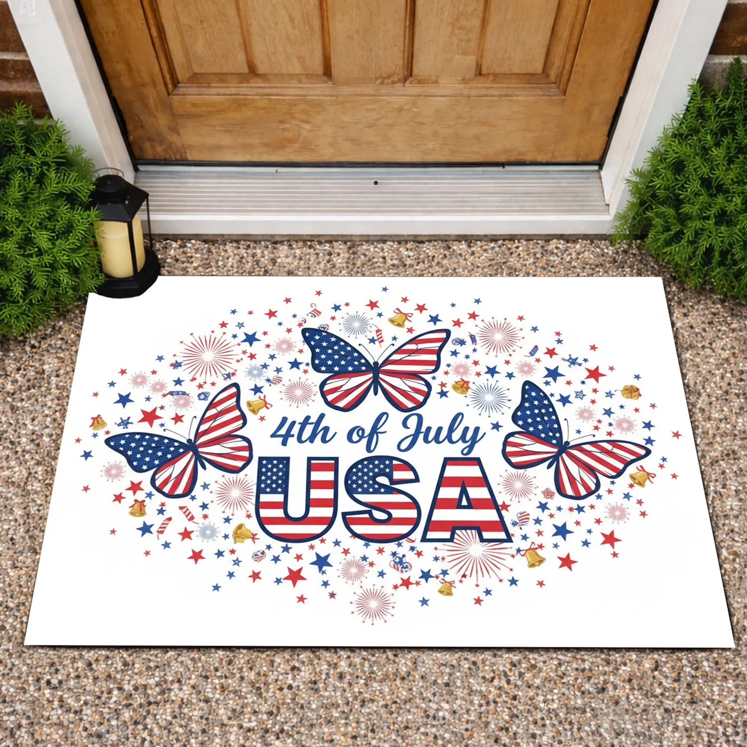 USA Flag Butterflies 4th of July Stars - Independence Day Decor Doormat - 1