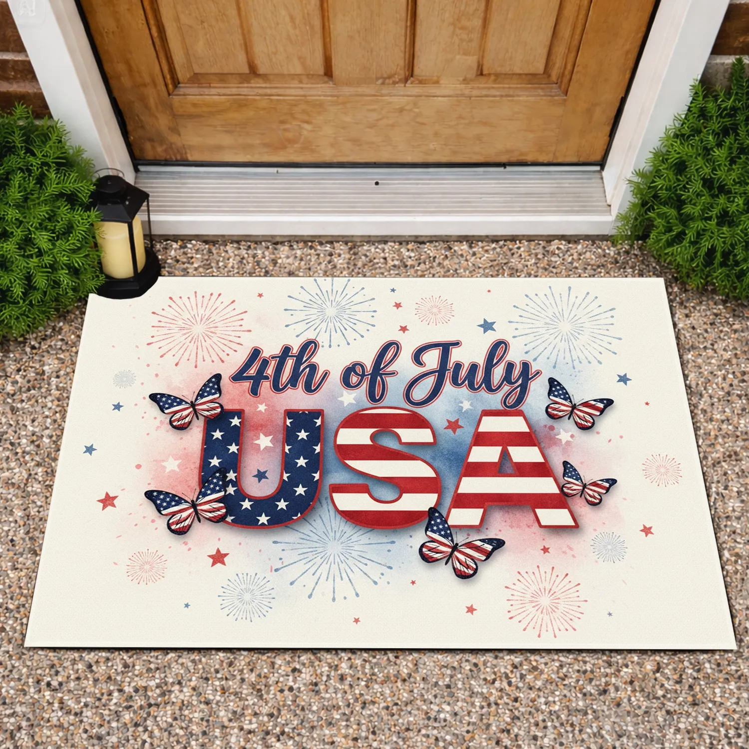 USA Flag Butterflies Fireworks 4th of July Home Decor Doormat - 1