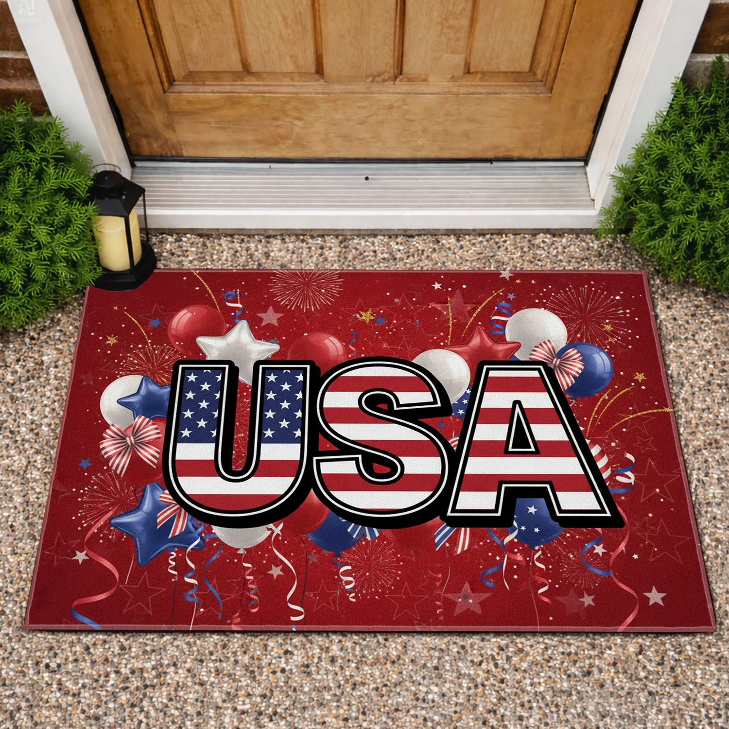 USA Flag Letters Fireworks Balloons Confetti - Independence Day Patriotic Celebration Doormat - 1