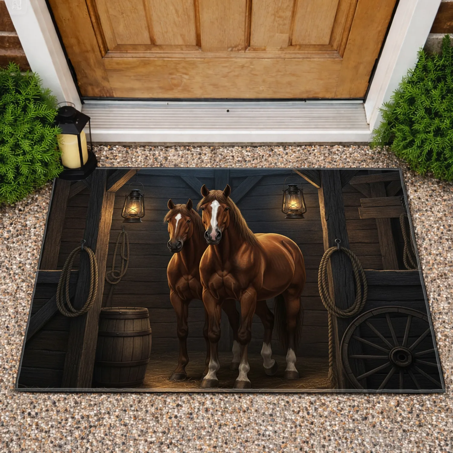 Brown Horses Old Lanterns Rustic Stable Farmhouse Home Decor Horse Lover Gift Doormat - 1