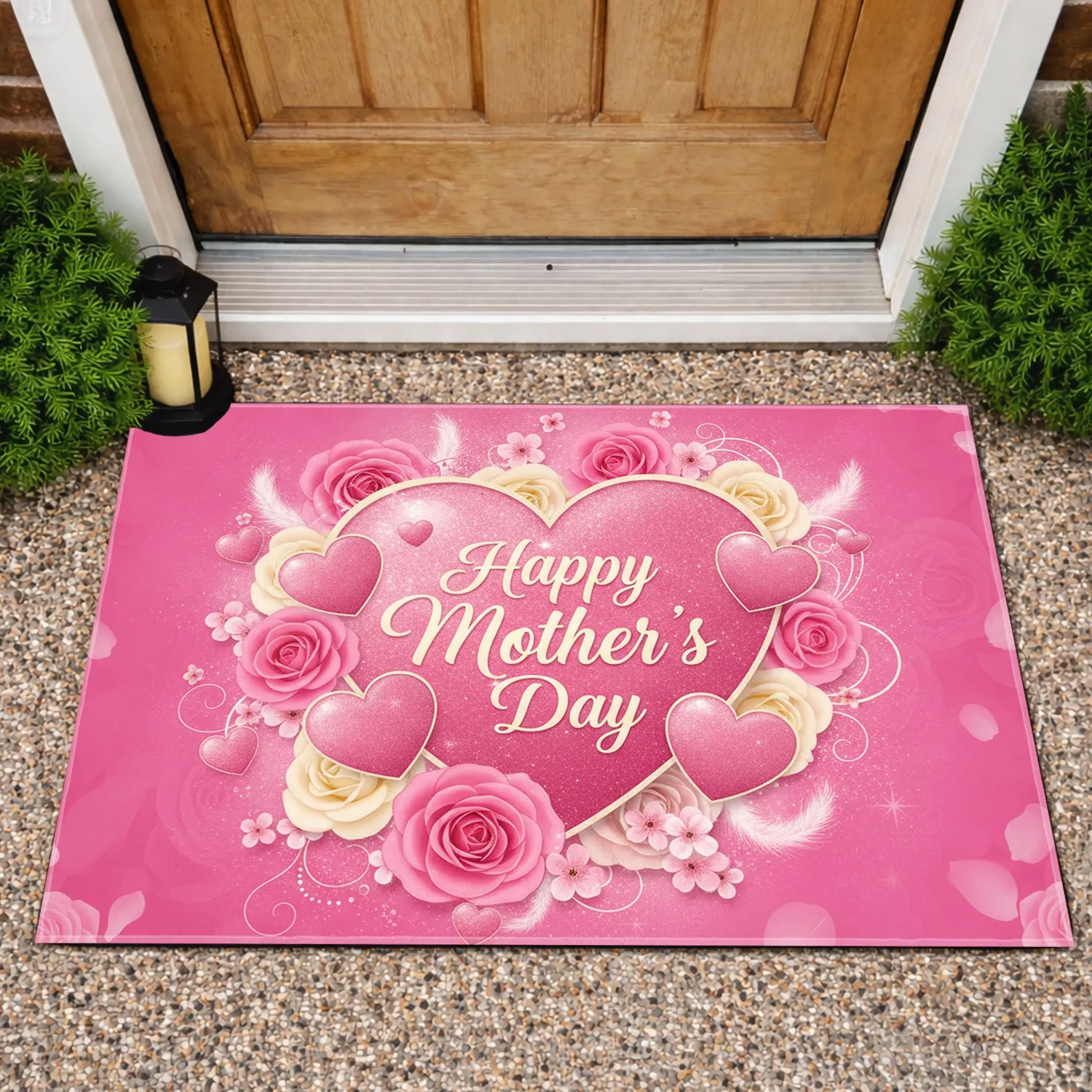 Pink Heart Happy Mother's Day Roses Blossoms White Accents - Mother's Day Gift Doormat - 1