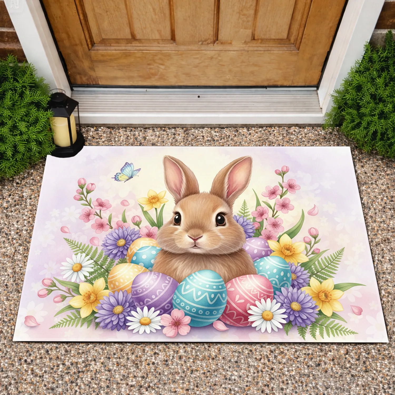 Easter Bunny Decorated Eggs Spring Flowers - Easter Holiday Gift Doormat - 1