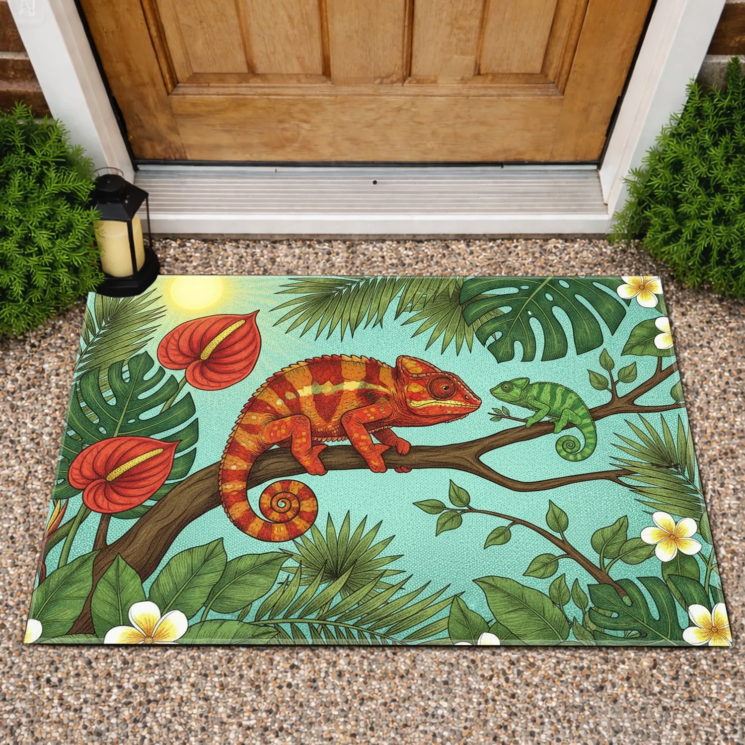 Panther Chameleon Tropical Foliage Sun - Wildlife Home Decor Gift for Nature Lovers Doormat - 1