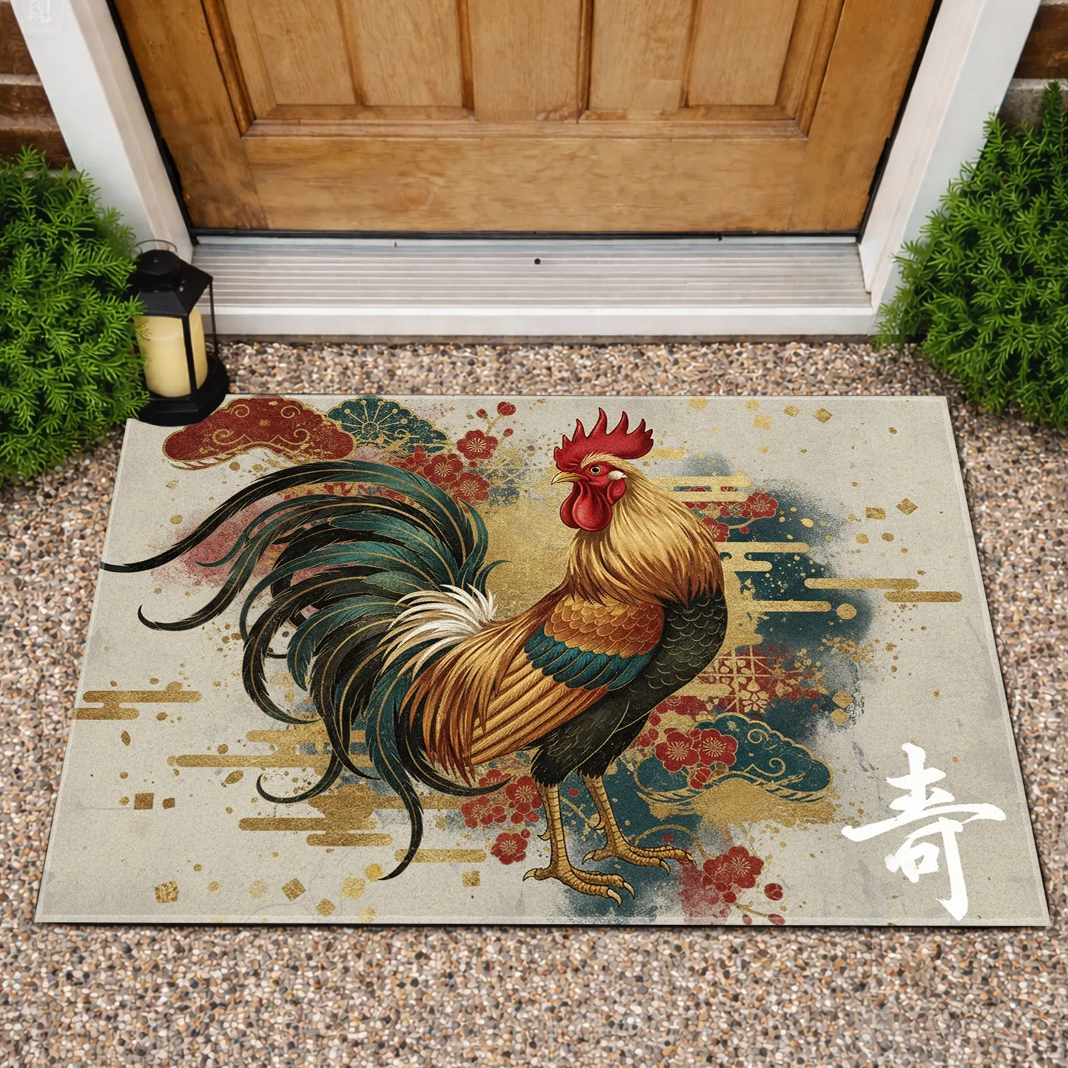 Rooster Red Comb Gold Feathers Japanese Clouds Floral - Home Decor Gift Doormat - 1