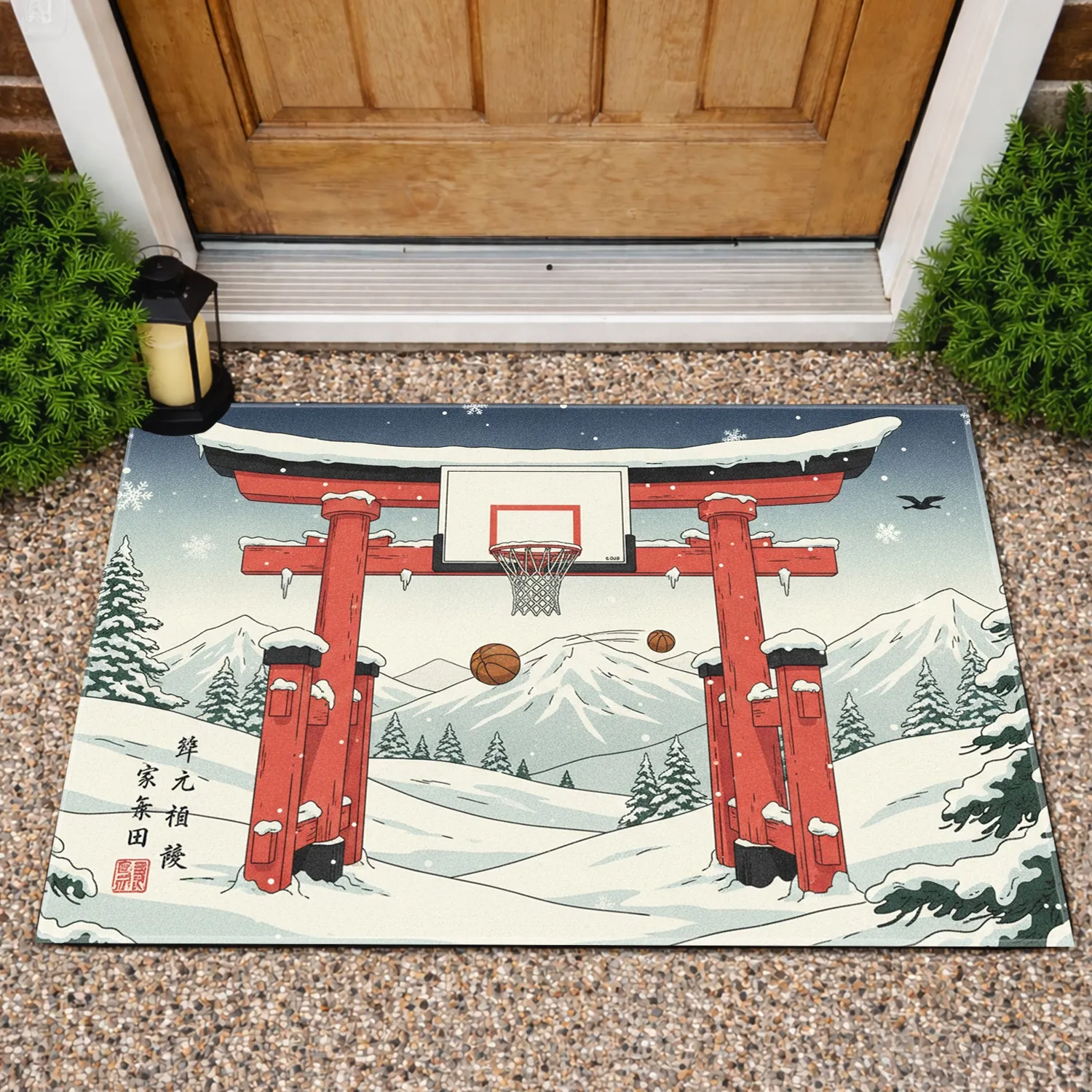 Monumental Torii Gate Basketball Hoop Winter Landscape - Home Decor Gift for Sports Fan Doormat - 1