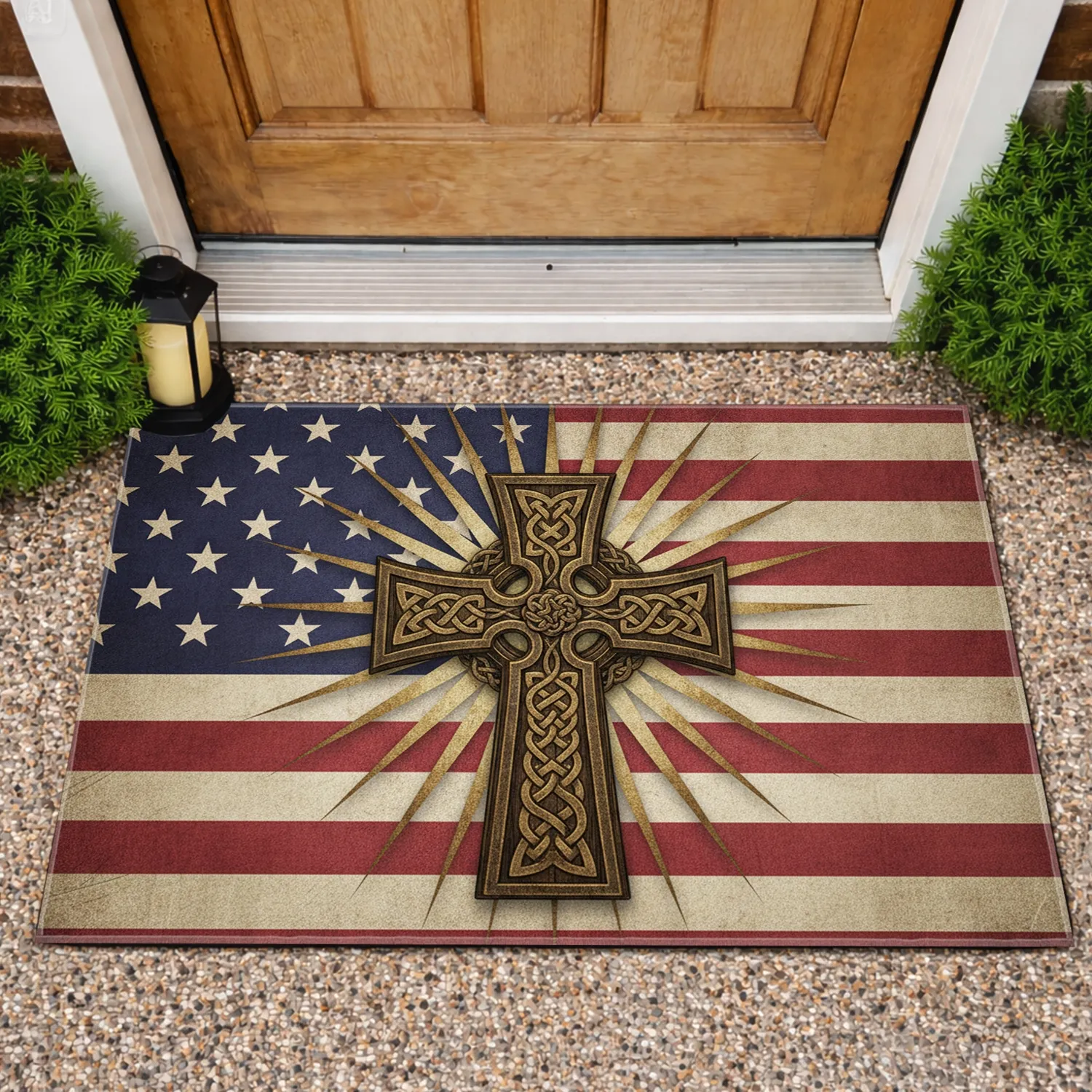 Winged Cross American Flag Celtic Knot - Independence Day Gift for Veterans Doormat - 1