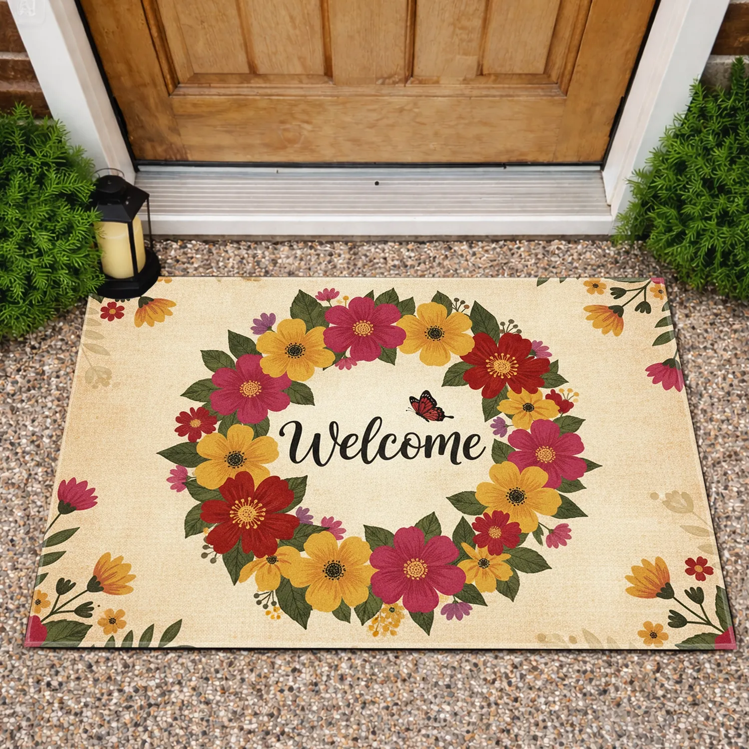 Butterfly Welcome Flower Wreath - Farmhouse Home Decor Doormat - 1