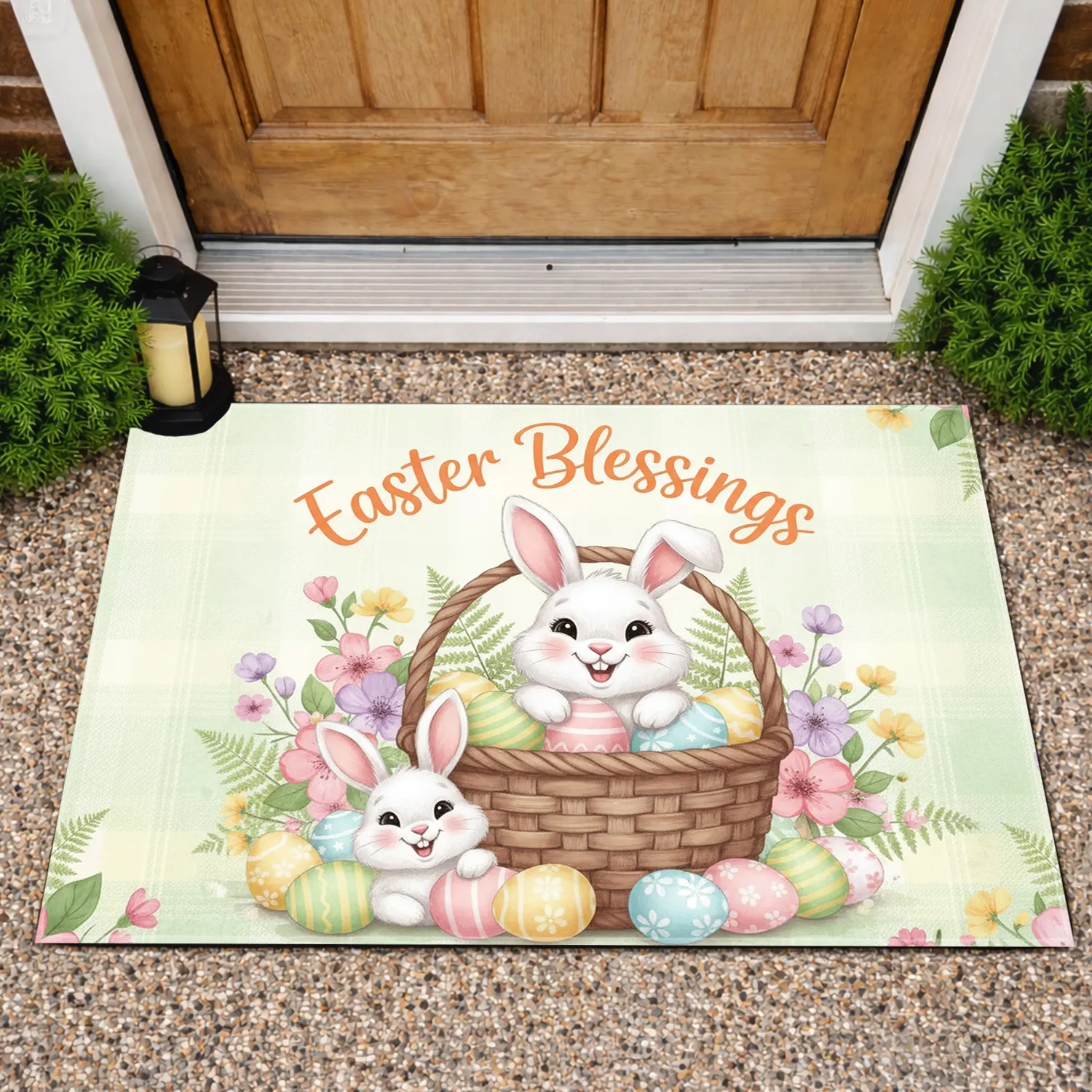 Easter Blessings Bunnies Basket Eggs - Easter Holiday Home Decor Doormat - 1