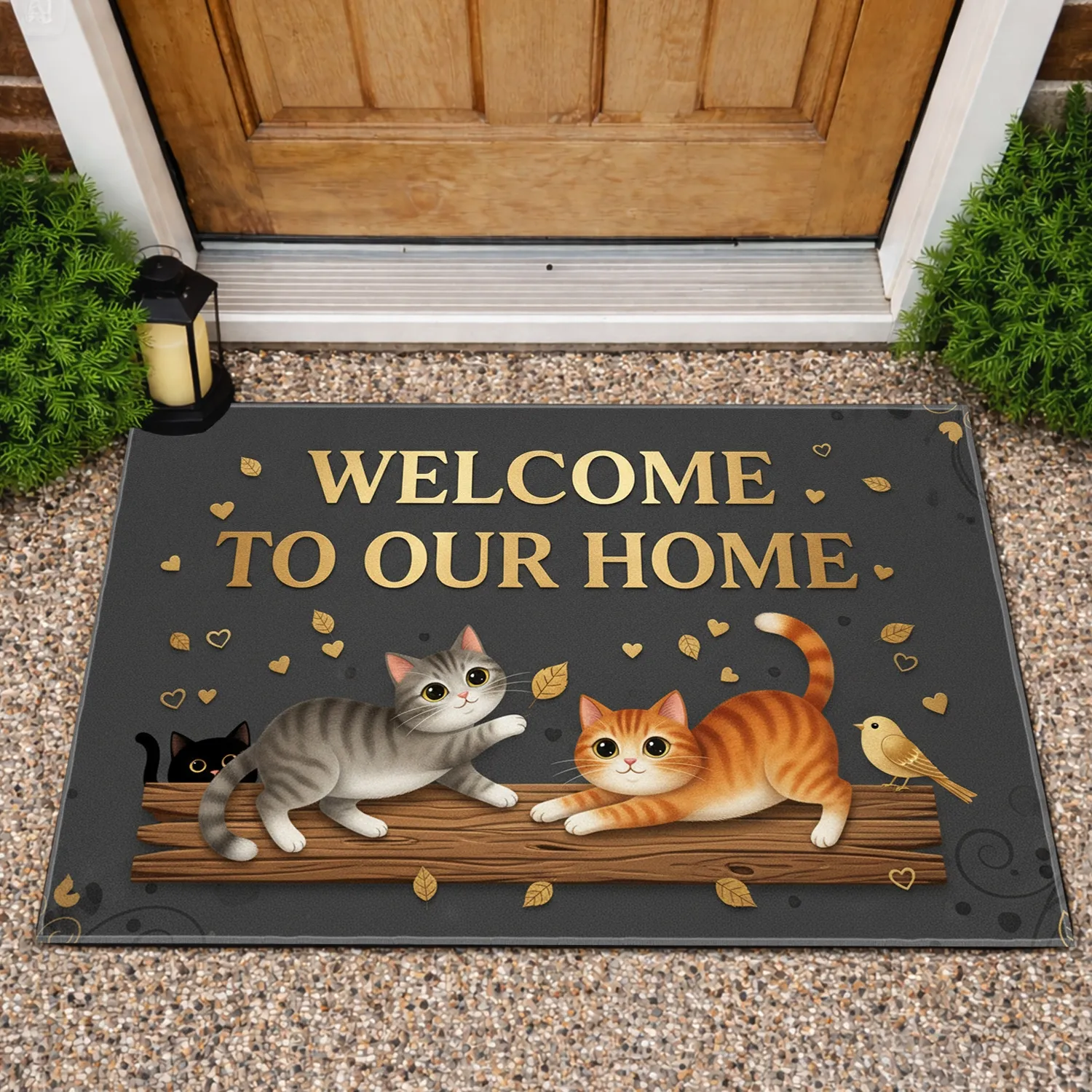 Cats Welcome Home Golden Leaves Wooden Plank - Home Decor Gift for Cat Lover Doormat - 1