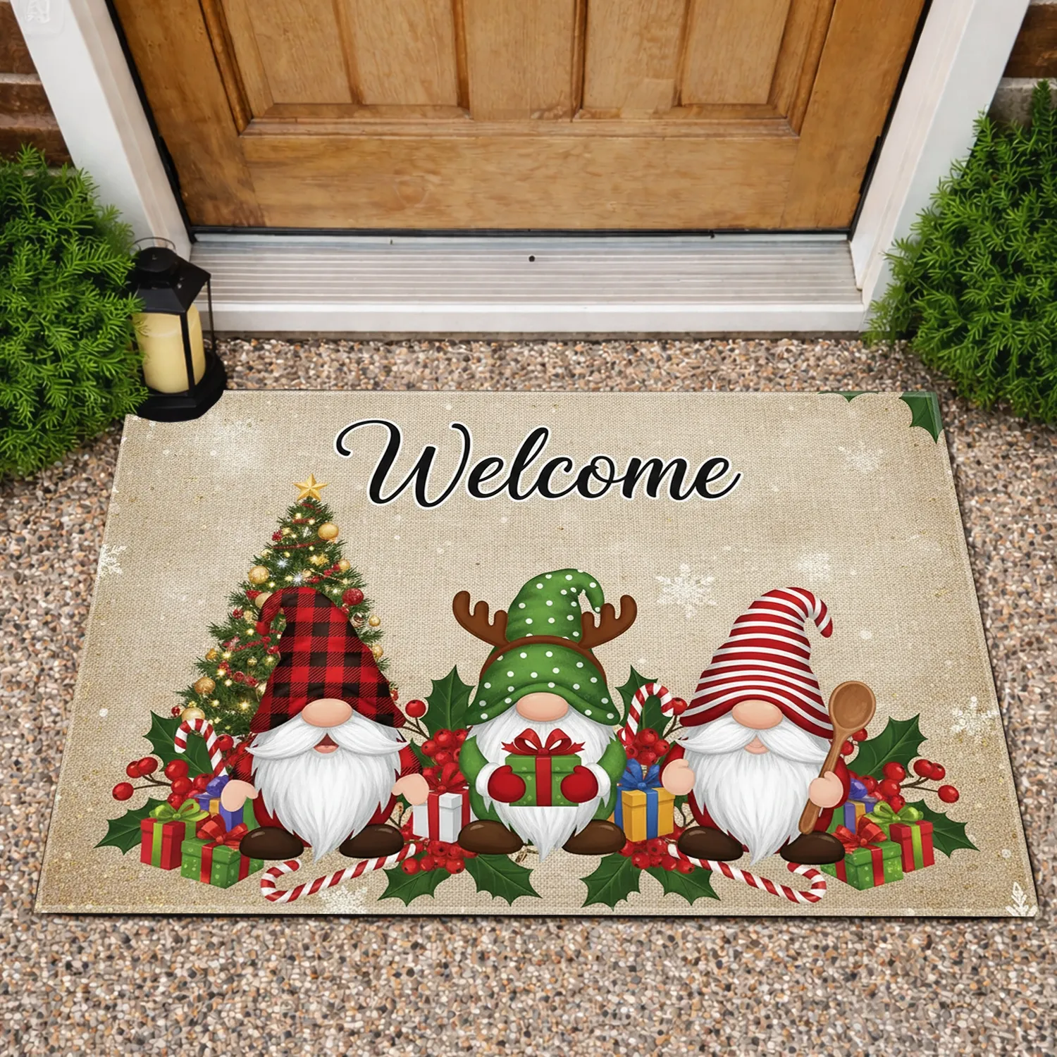 Three Christmas Gnomes Welcome Gifts Holly Christmas Tree Snowflakes - Christmas Holiday Decor Doormat - 1