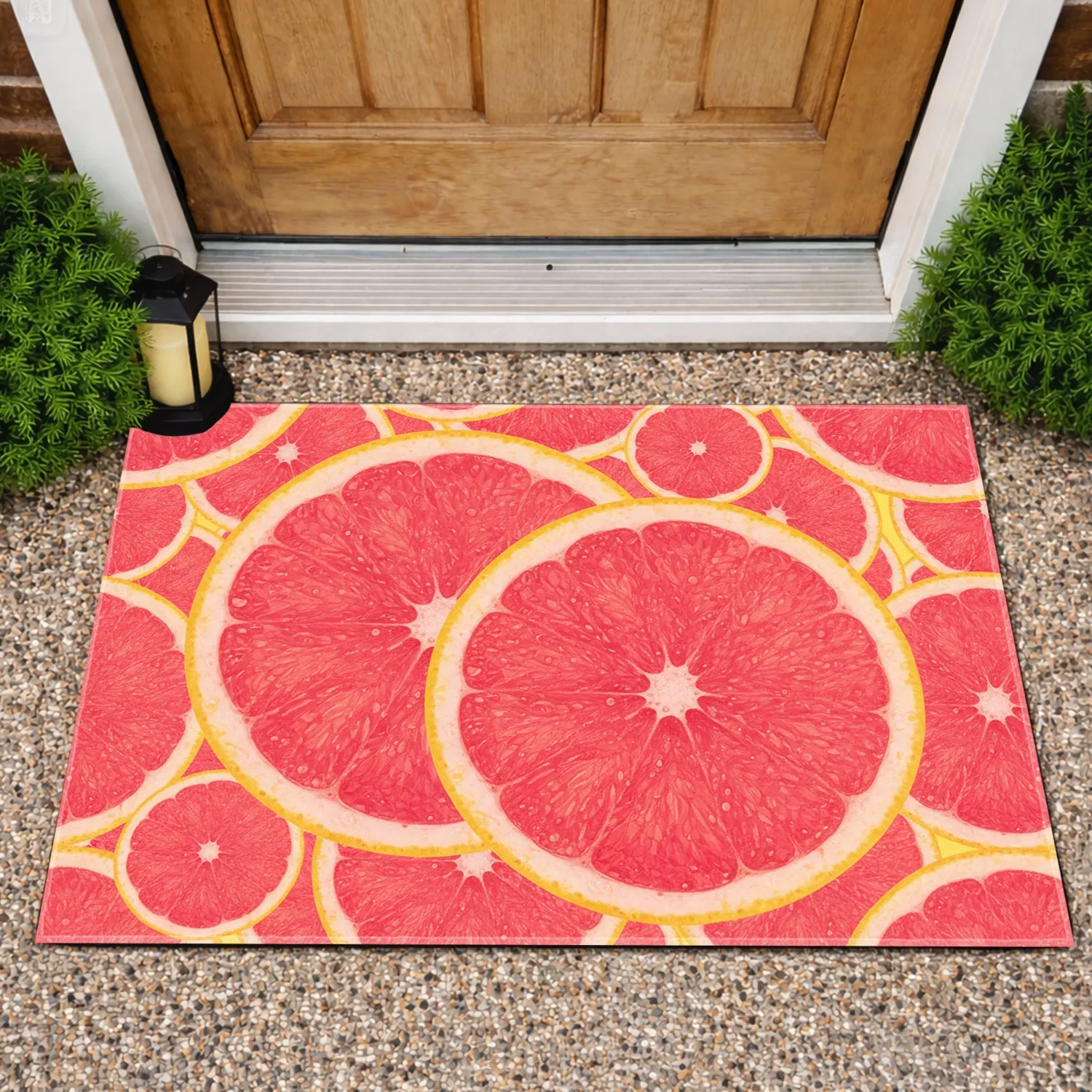 Pink Grapefruit Slices Segmented Pulp Yellow Rinds Water Droplets - Home Decor Gift for Fruit Lover Doormat - 1