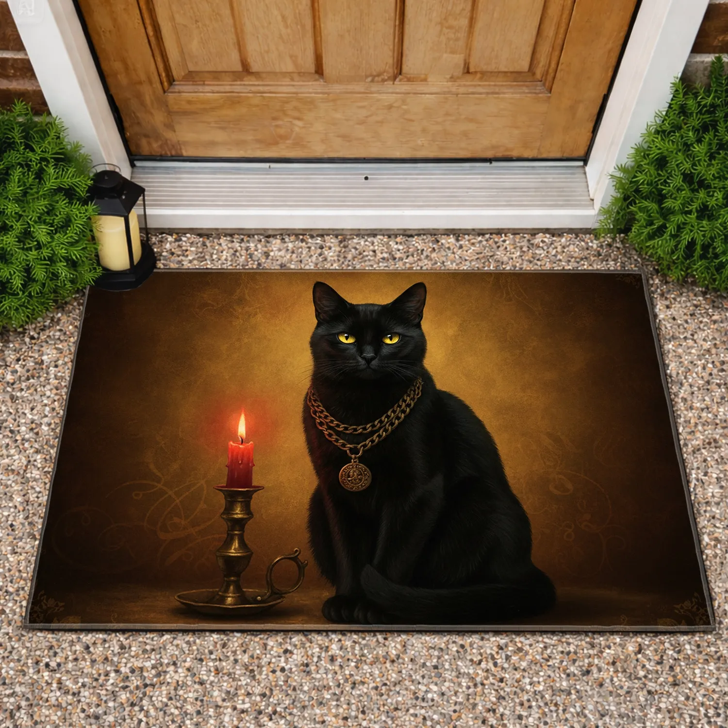 Black Cat Gold Chain, Flickering Candle, Yellow Eyes - Home Decor Gift for Cat Lovers Doormat - 1