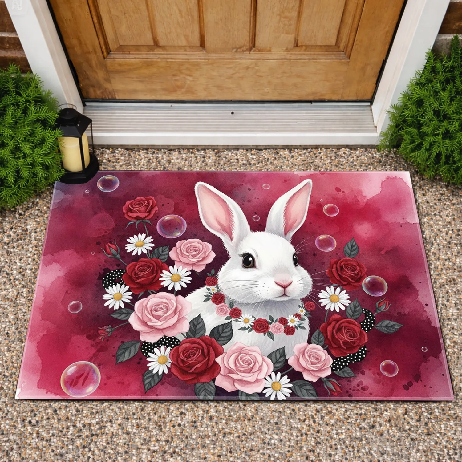 White Rabbit Rose Daisy Floral Garland - Home Decor Gift for Wildlife Lover Doormat - 1