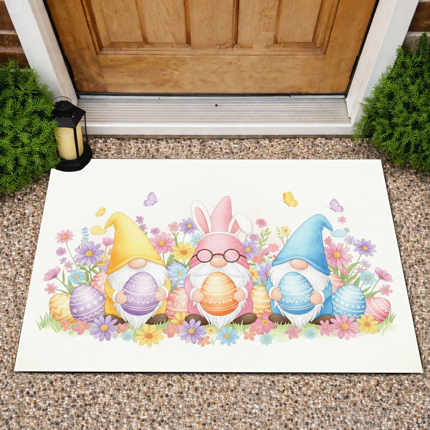 Easter Gnomes with Patterned Eggs Spring Flowers Butterflies - Easter Home Decor Doormat - 1