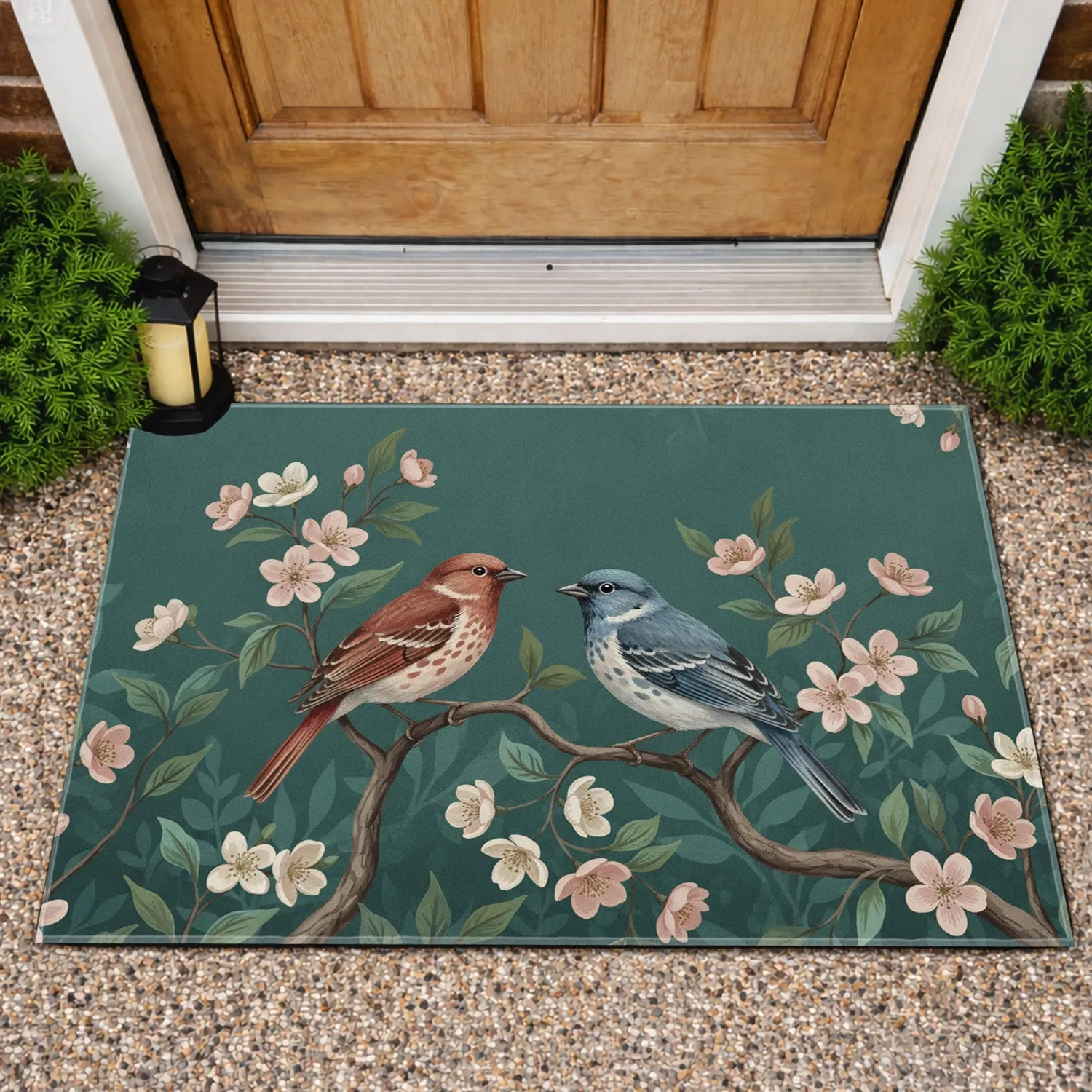Two Songbirds Wildlife Floral Blossoms and Greenery - Home Decor Gift for Nature Lover Doormat - 1