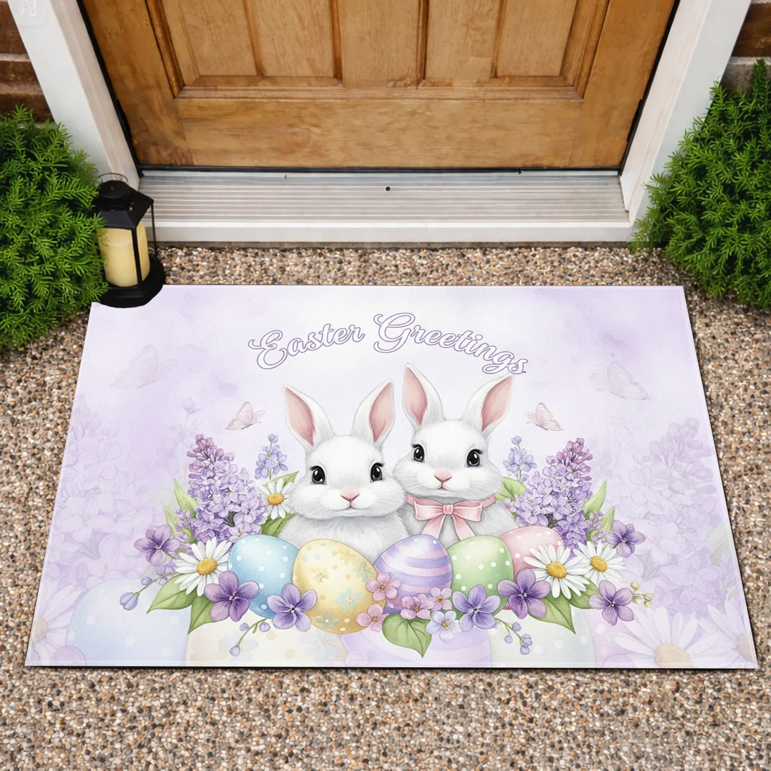 White Bunnies Easter Eggs Lavender Flowers - Easter Home Decor Gift Doormat - 1