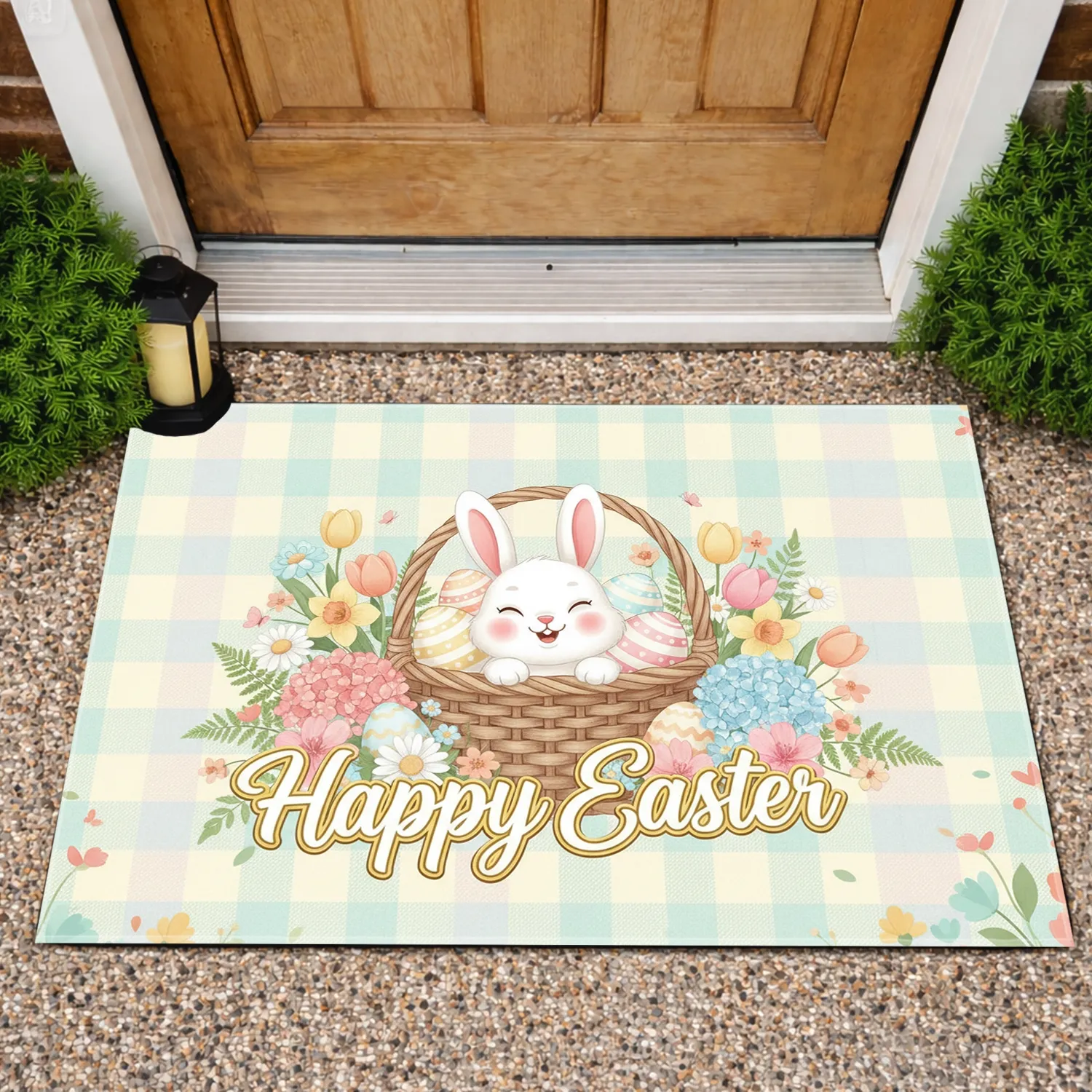 Happy Easter Lettering Bunny Eggs Basket - Easter Holiday Decor Doormat - 1