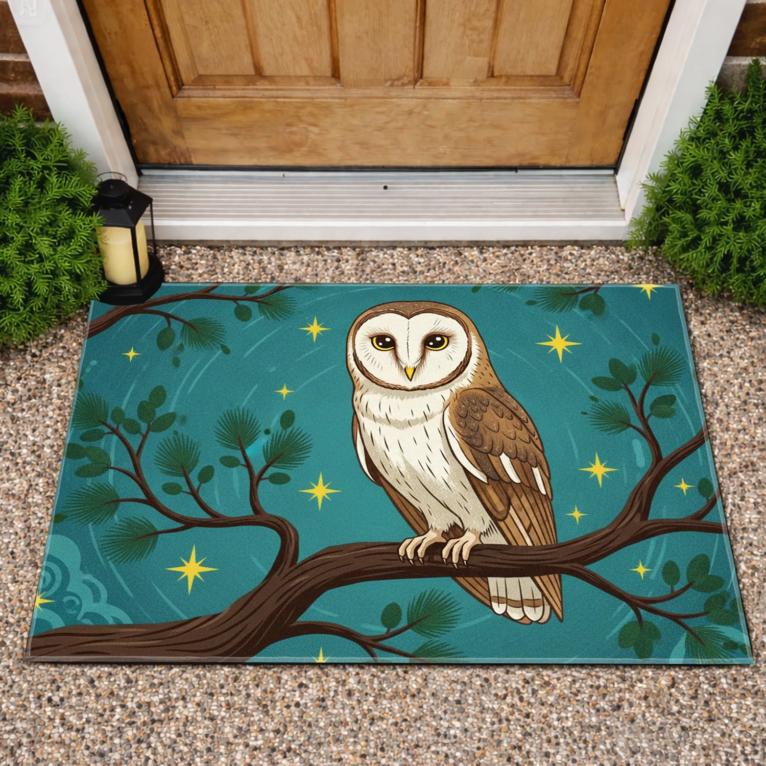 Brown White Owl Perched Tree Branch - Wildlife Lover Home Decor Gift Doormat - 1
