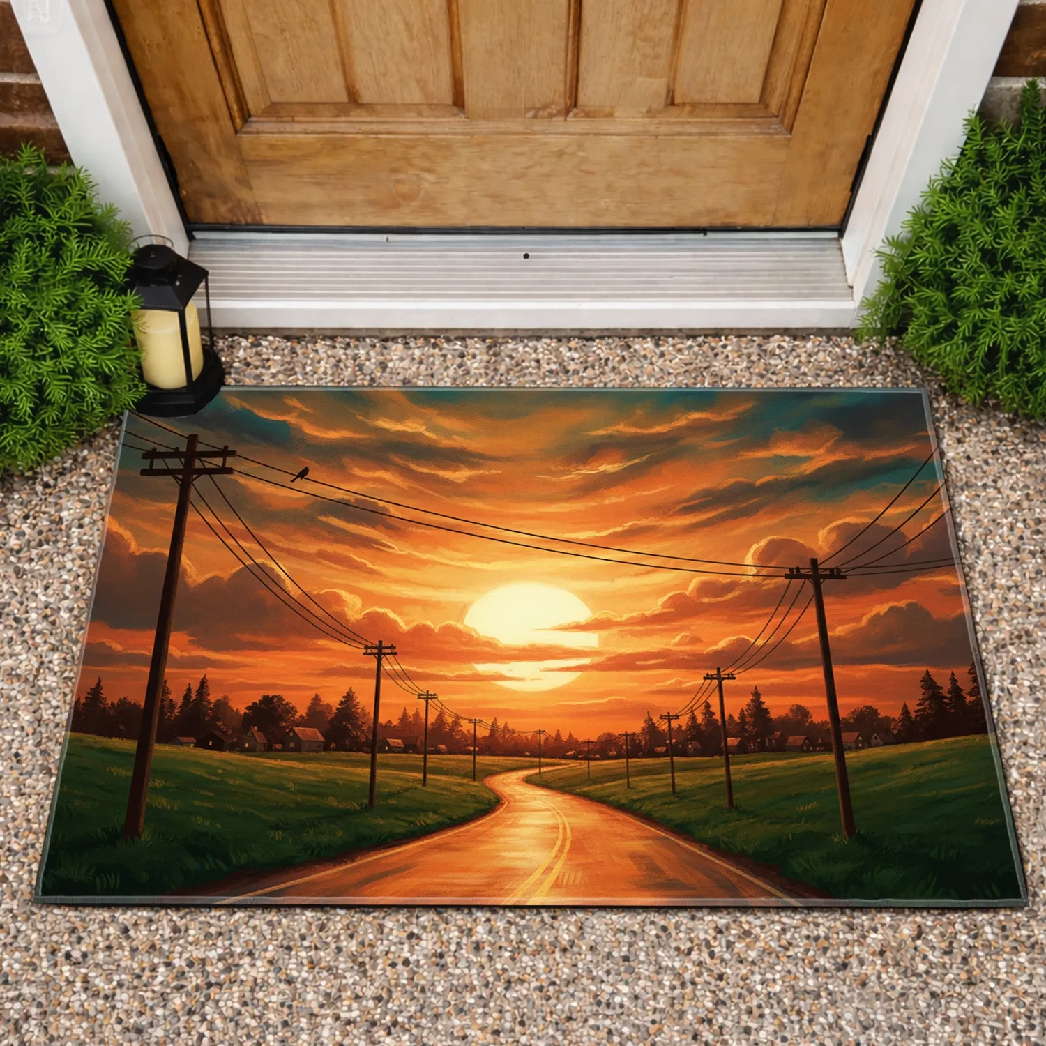 Dramatic Sunset Sky Silhouettes Utility Poles Rural Road Landscape - Home Decor Gift Doormat - 1