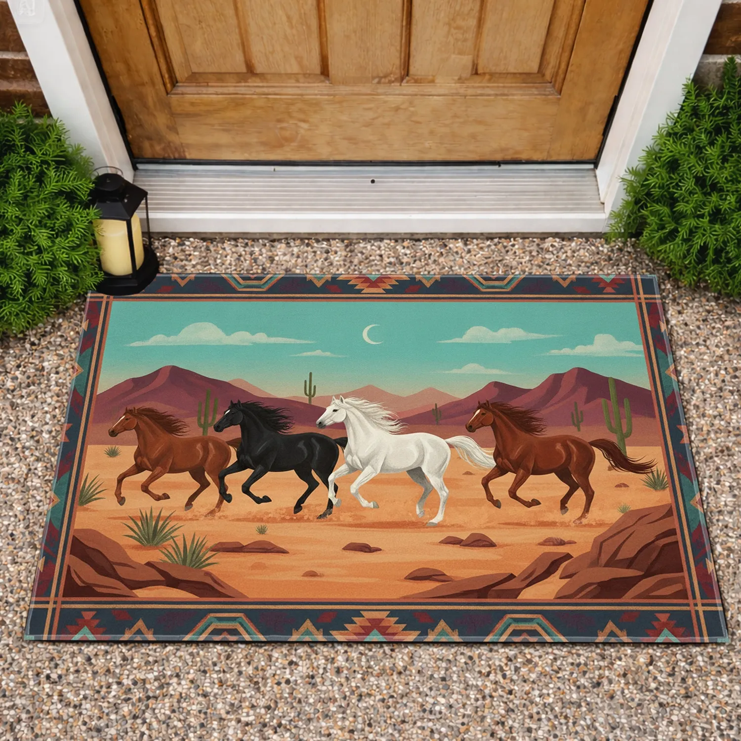 Wild Horses Desert Landscape Southwestern Tribal Borders - Western Home Decor Gift for Horse Lover Doormat - 1