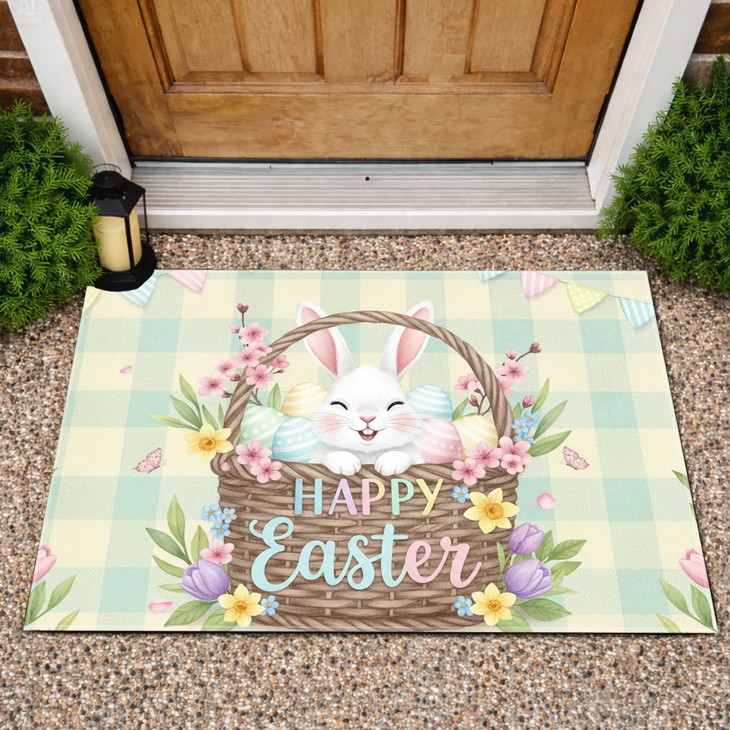White Easter Bunny Eggs Basket 'Happy Easter' - Spring Holiday Decor Gift Doormat - 1