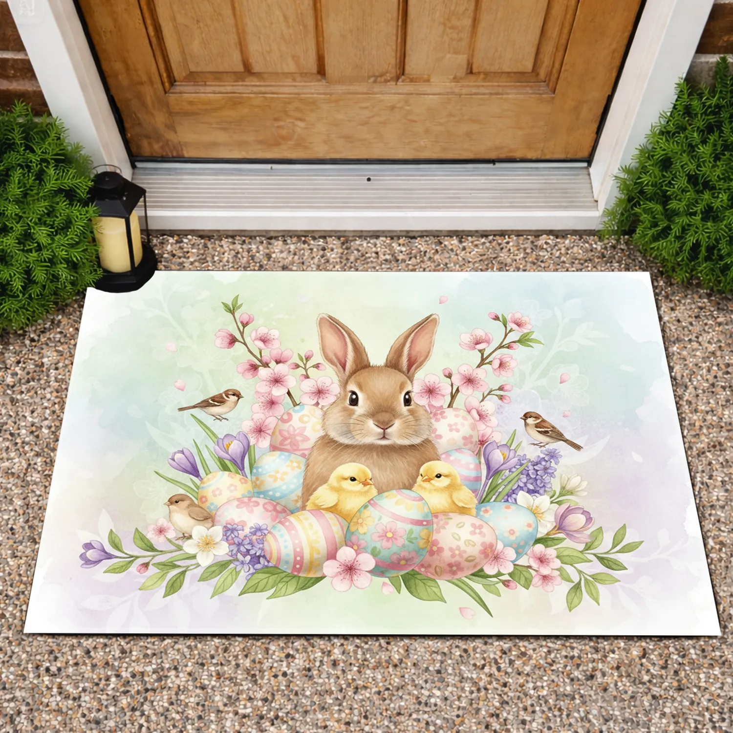 Easter Bunny Chicks Eggs Spring Flowers - Easter Holiday Decor Doormat - 1