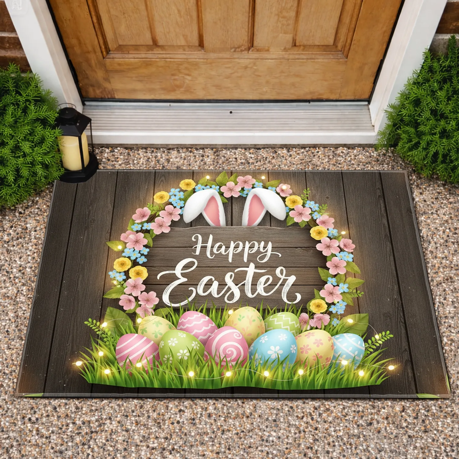 Happy Easter Sign Bunny Ears Decorated Eggs Floral Wreath - Rustic Spring Holiday Home Decor Doormat - 1