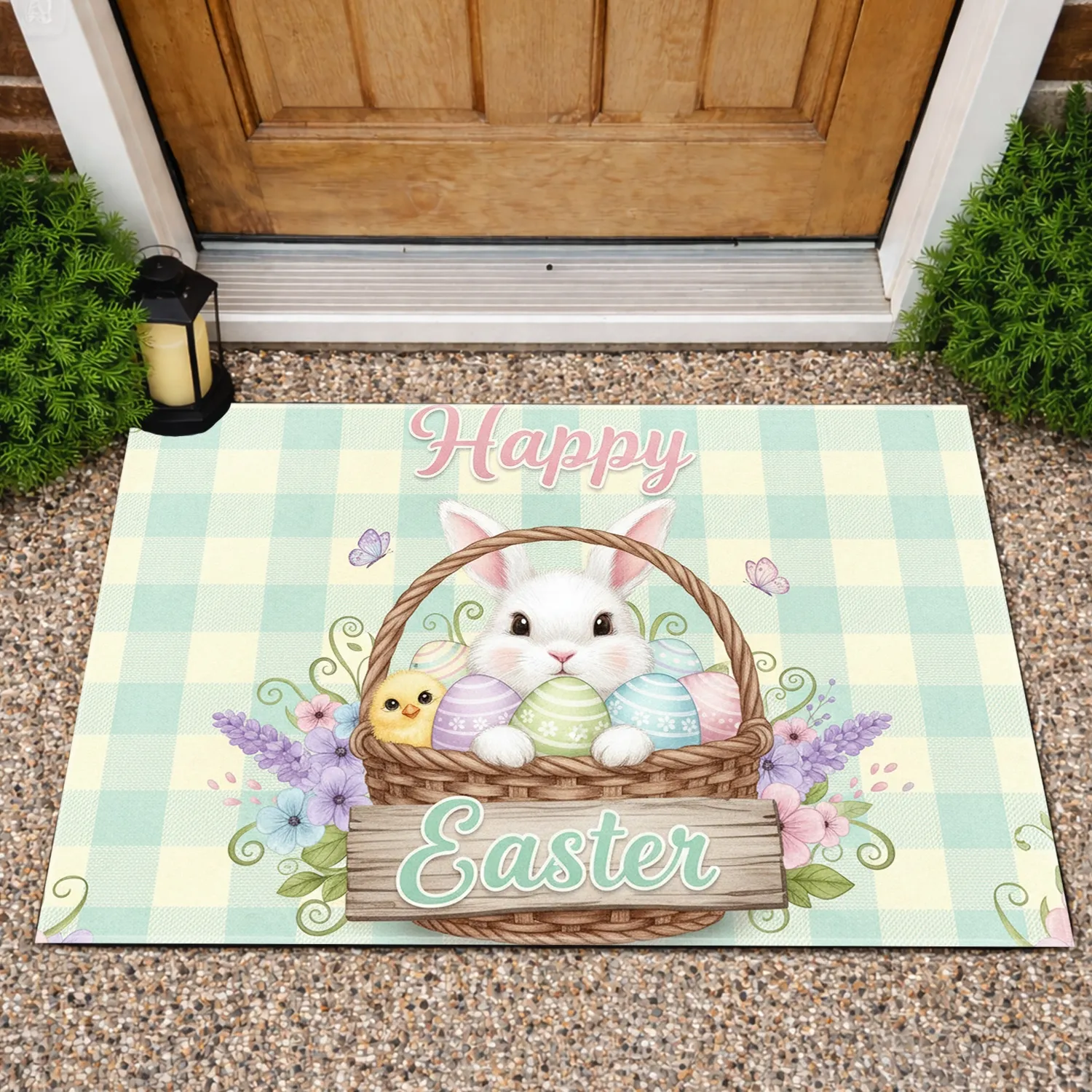 Happy Easter Bunny Eggs Wildflowers - Spring Holiday Home Decor Doormat - 1