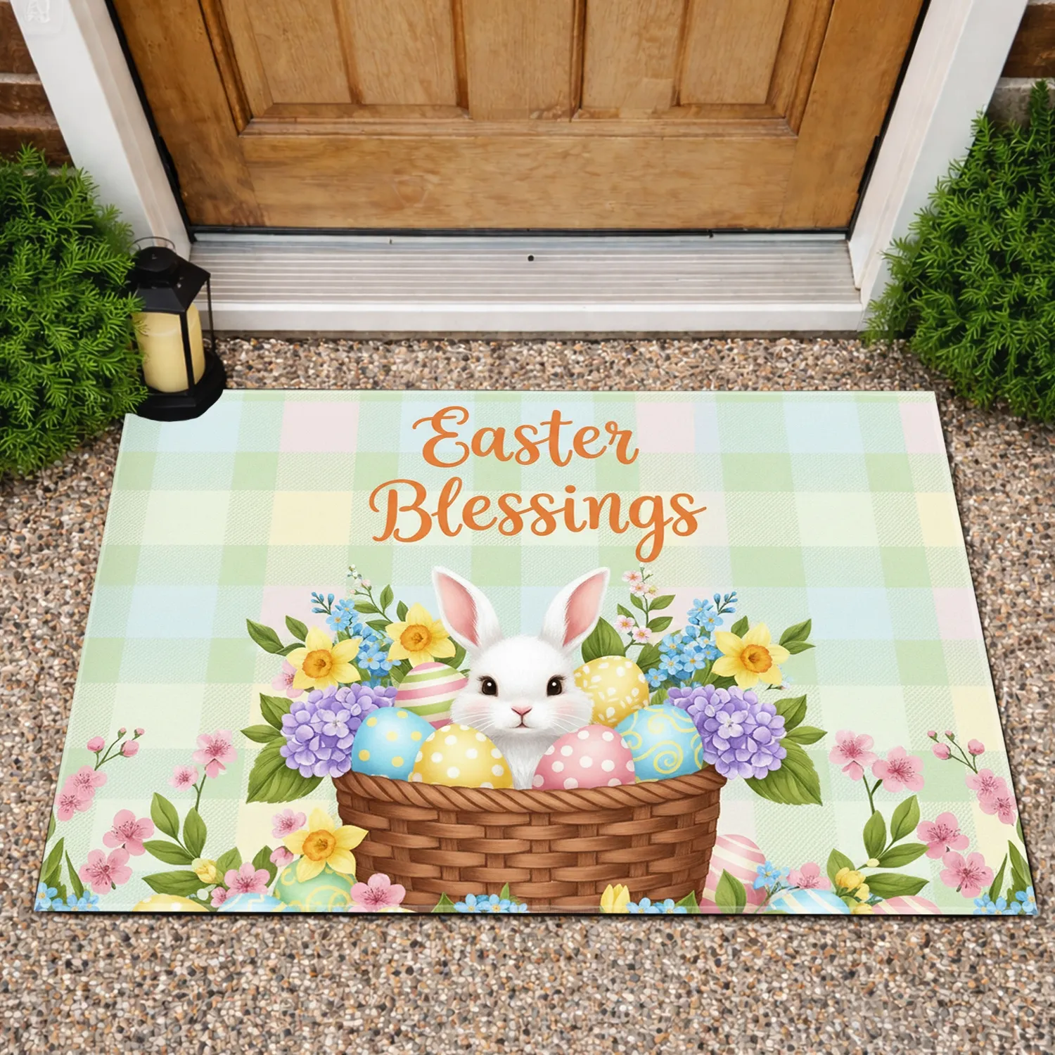Easter Blessings Bunny Basket Spring Flowers - Easter Day Holiday Decor Doormat - 1