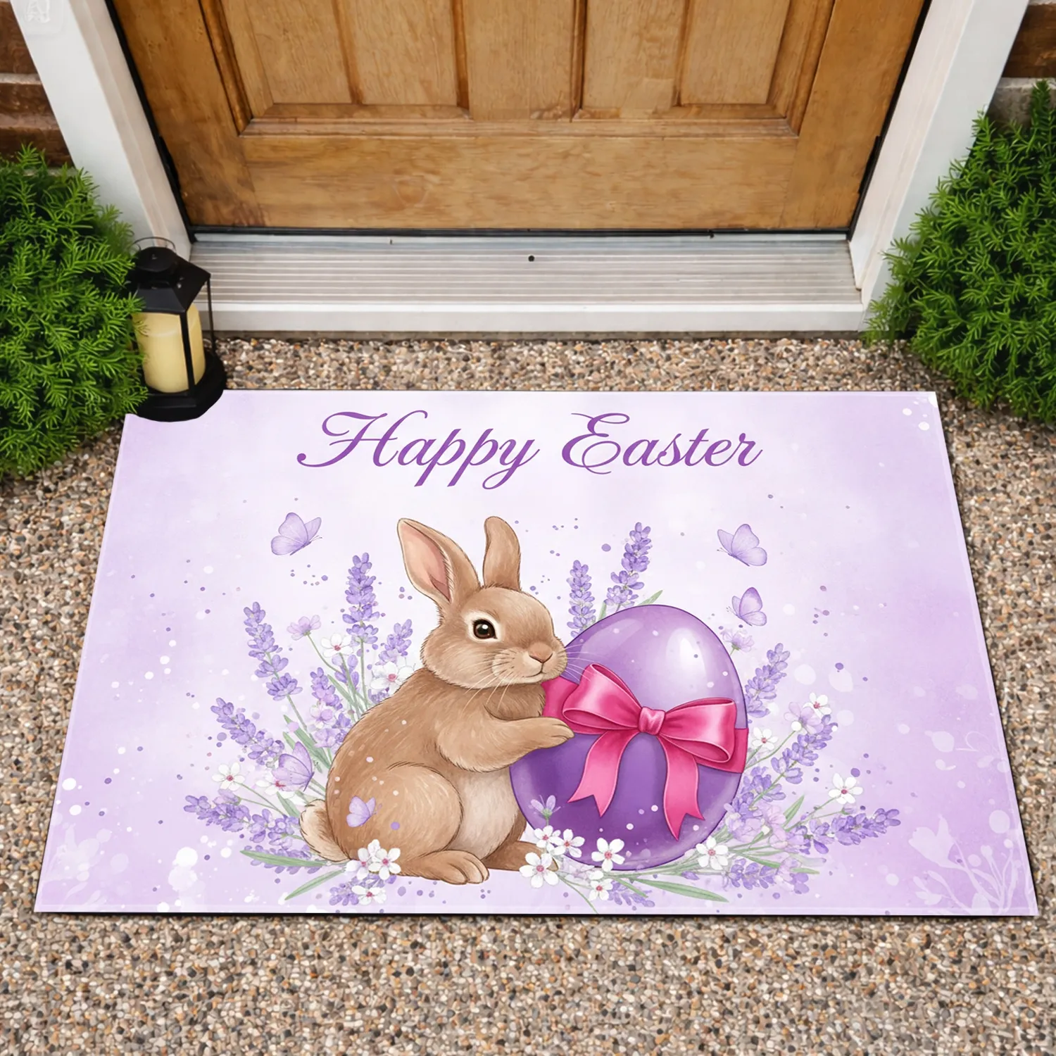 Happy Easter Rabbit Purple Egg Butterflies - Easter Home Decor Doormat - 1