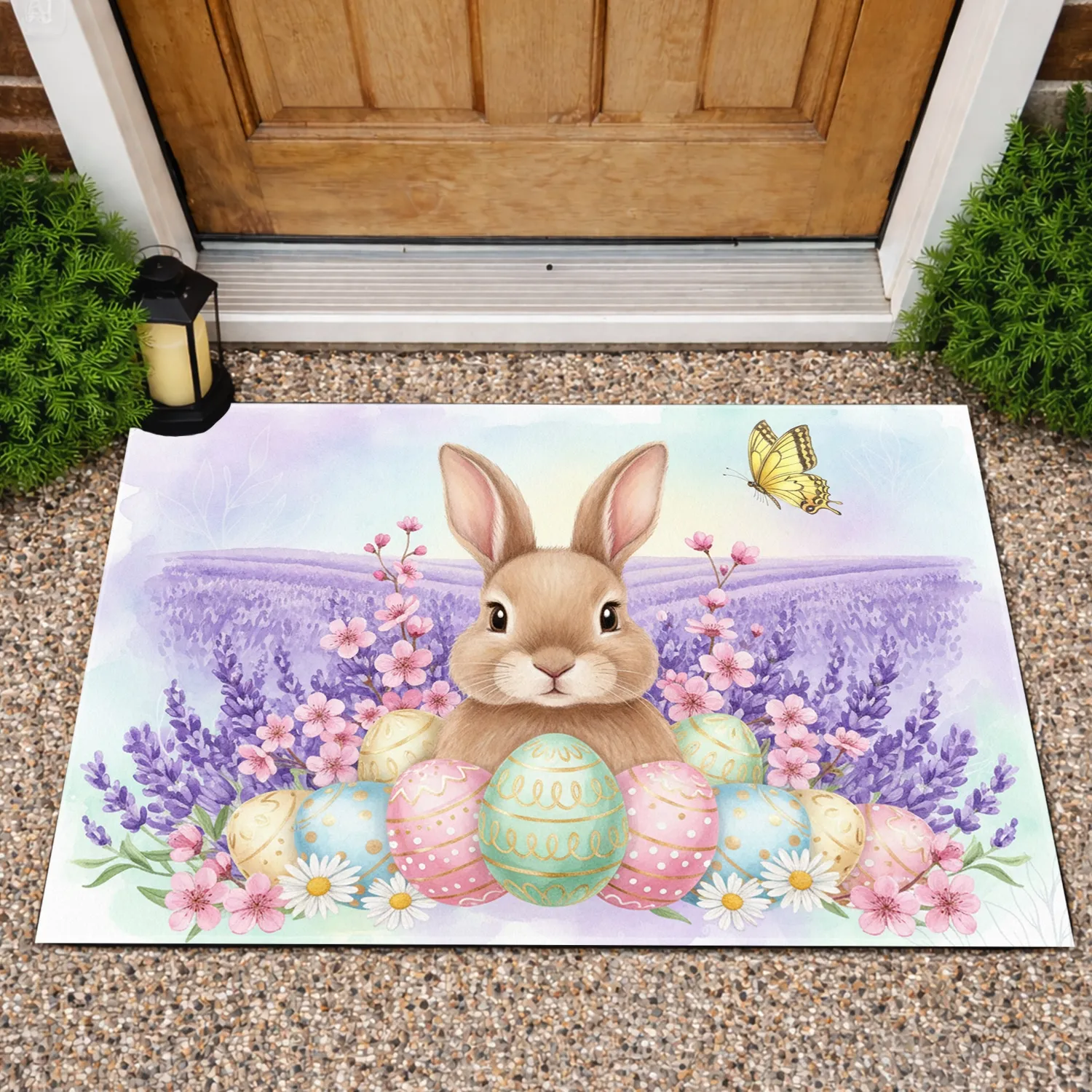 Fluffy Bunny Easter Eggs Wildflower Lavender - Spring Easter Decor Gift Doormat - 1