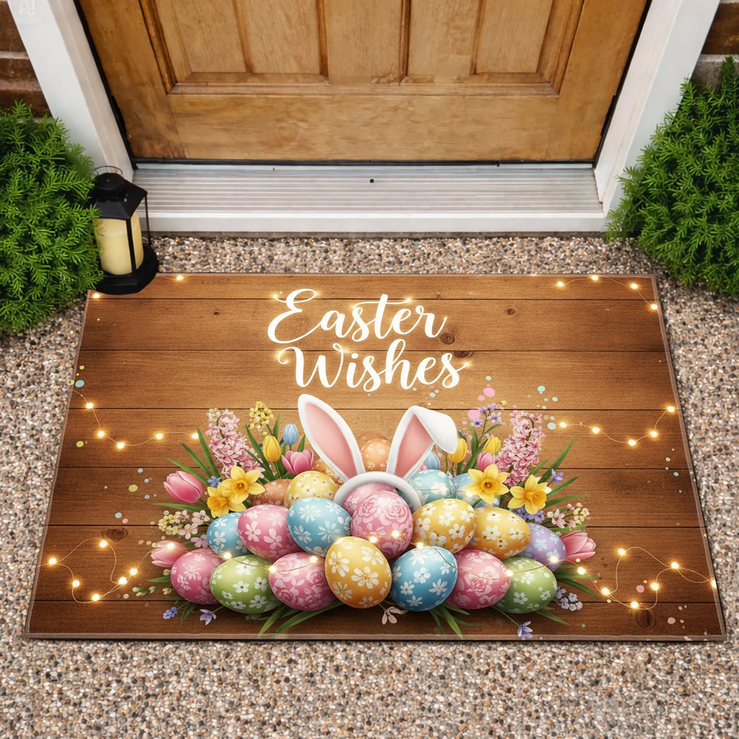 Easter Wishes Bunny Ears Easter Eggs Spring Flowers - Easter Home Decor Gift Doormat - 1