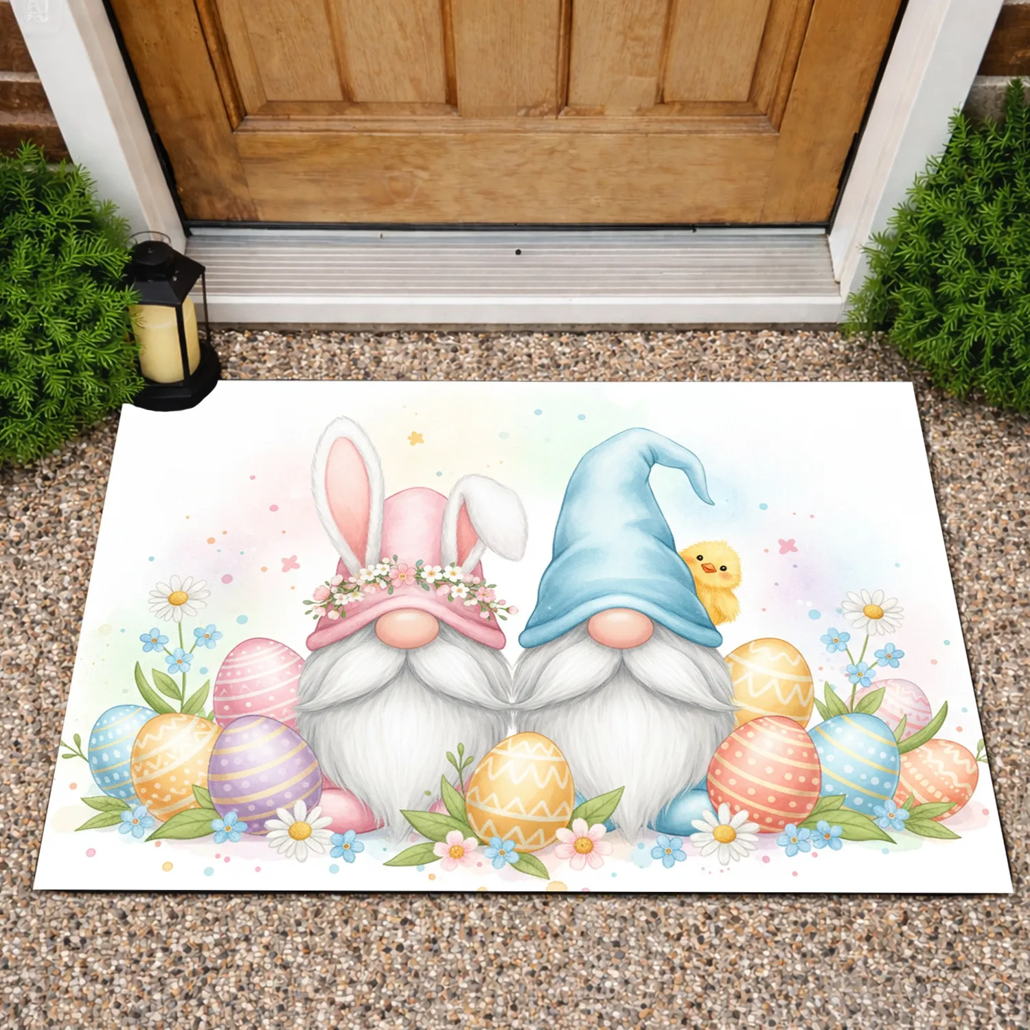 Easter Gnomes Patterned Eggs Spring Flowers - Easter Holiday Home Decor Doormat - 1