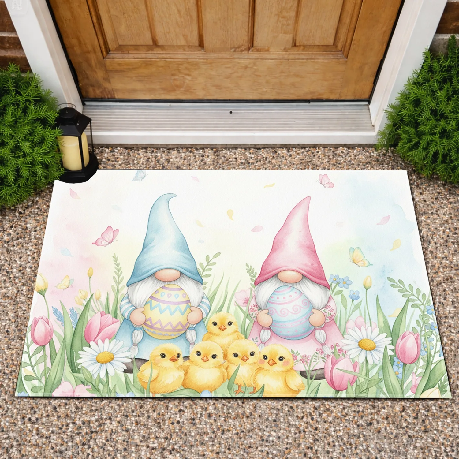 Easter Gnomes Chicks Easter Eggs Spring Flowers Butterflies Lush Garden - Easter Home Decor Gift Doormat - 1