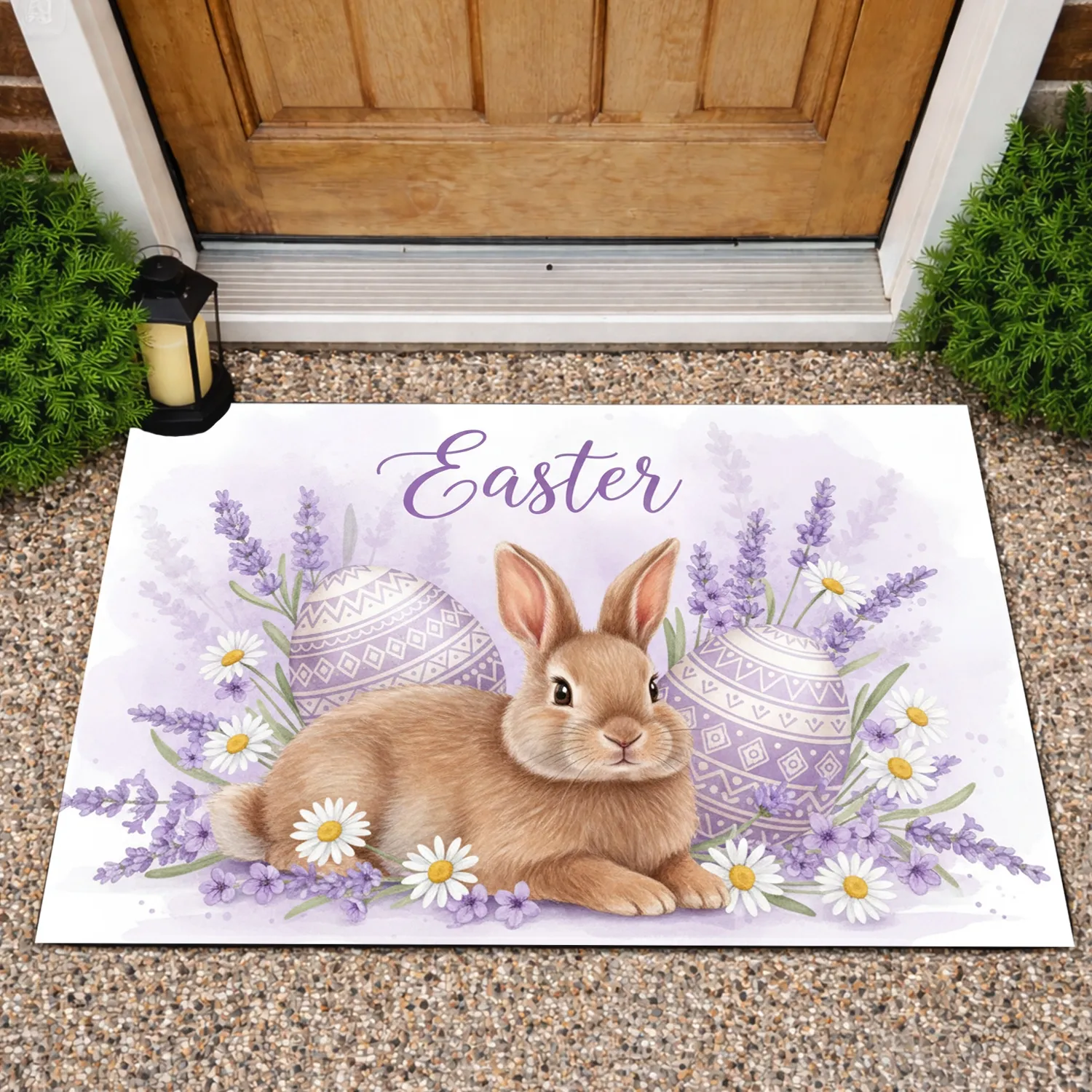 Relaxed Easter Bunny Lavender Eggs Spring Blossoms - Easter Holiday Gift Doormat - 1