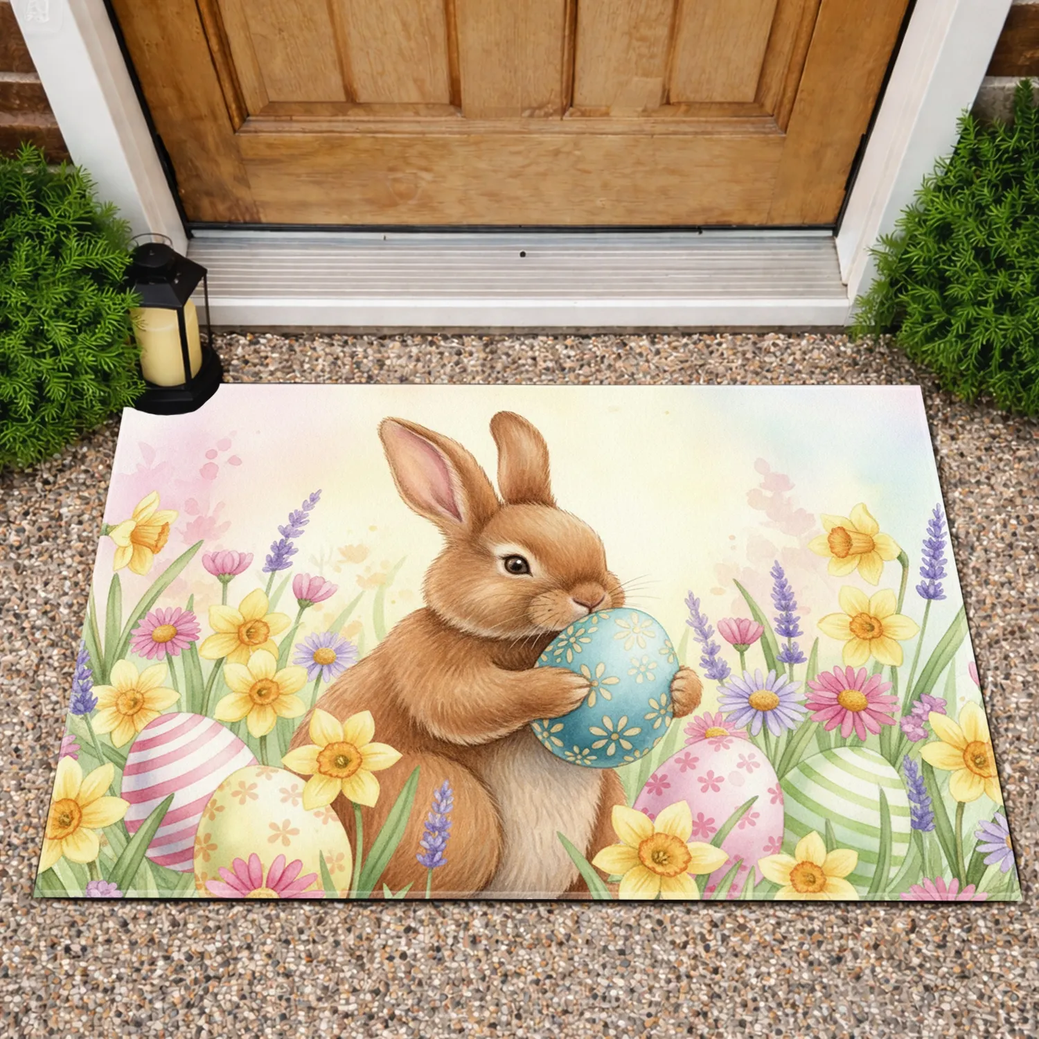 Fluffy Brown Bunny Easter Eggs Spring Garden - Easter Celebration Home Decor Doormat - 1