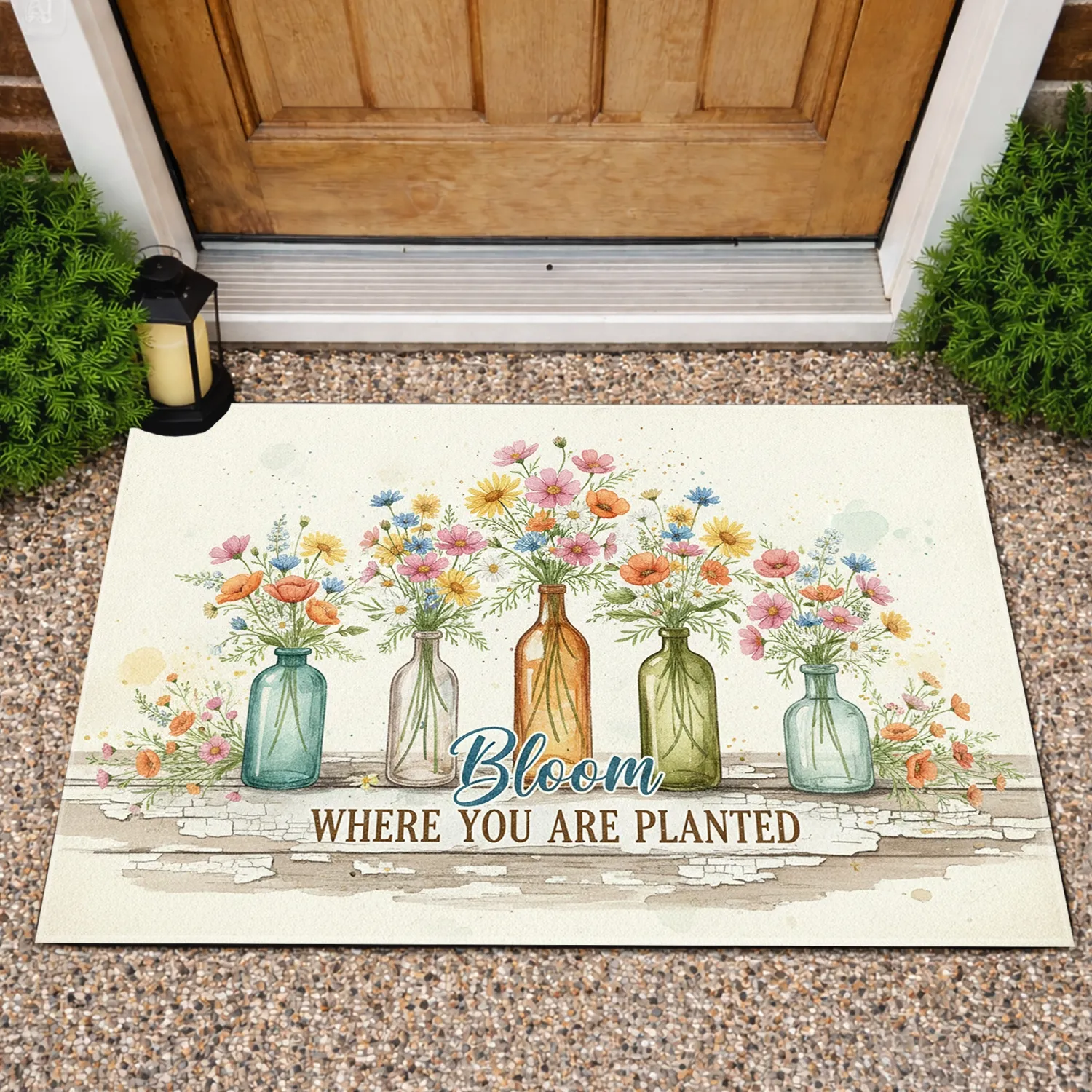 Glass Bottles Wildflowers 'Bloom Where You Are Planted' - Farmhouse Home Decor Gift Doormat - 1