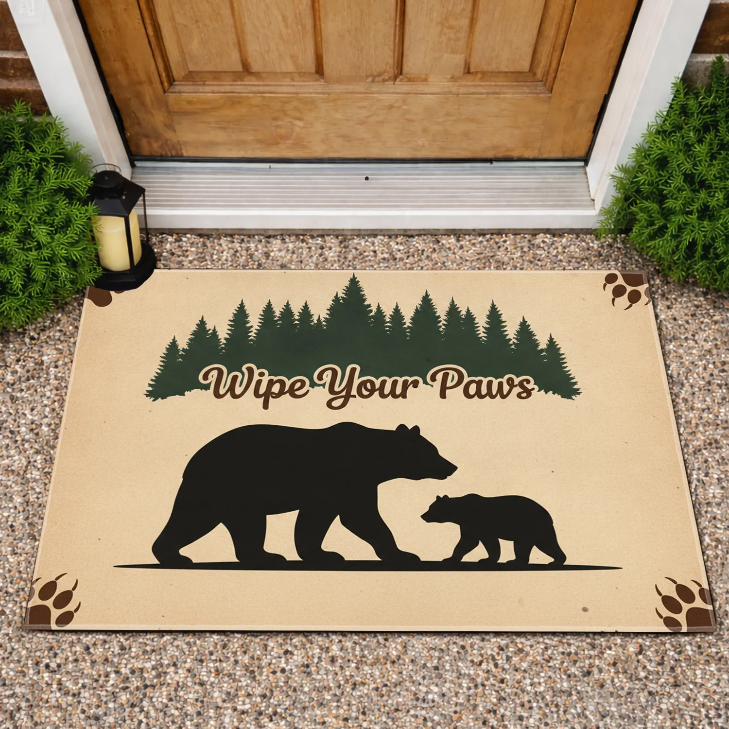 Mother Bear Cub "Wipe Your Paws" Paw Prints Pine Trees - Rustic Home Decor Gift Doormat - 1