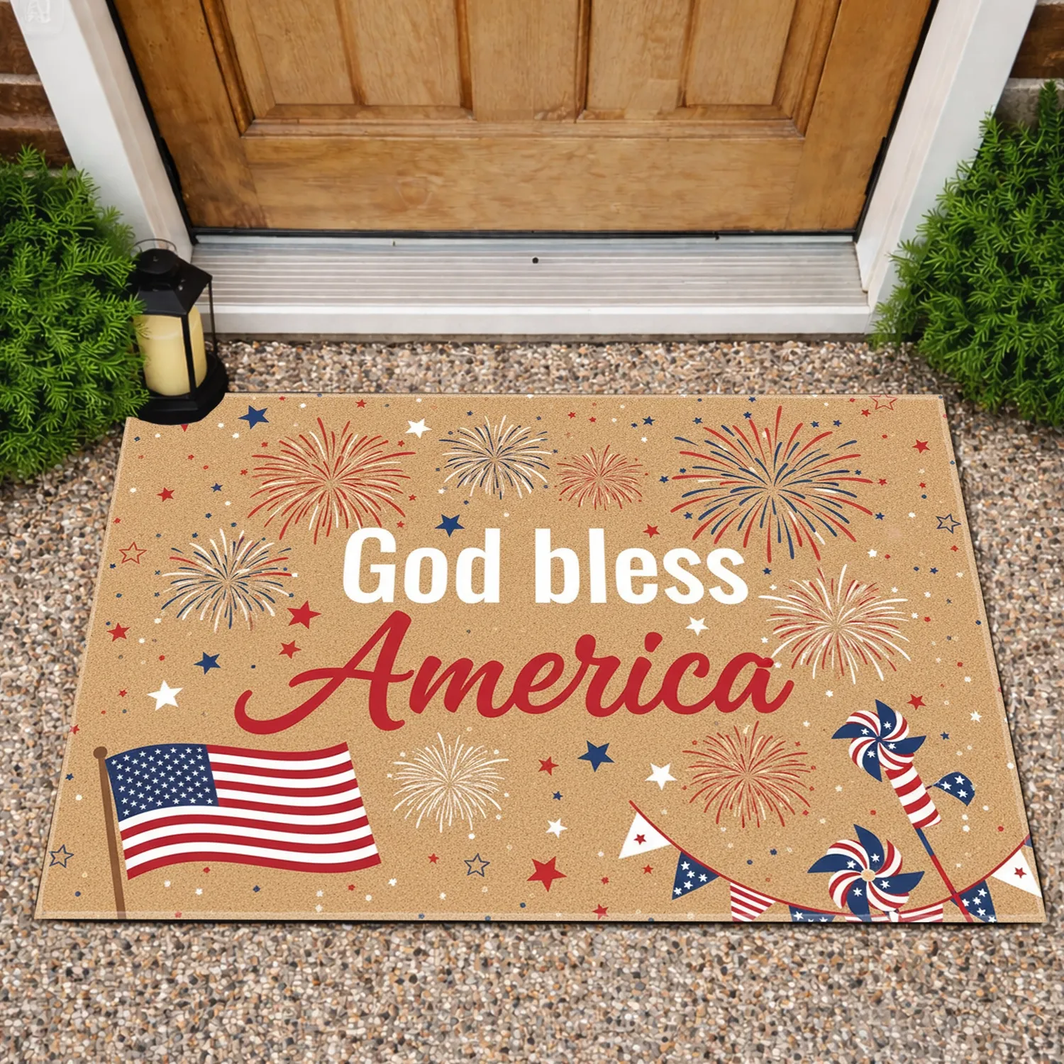 God bless America Text Flag Fireworks - Independence Day Gift for Veterans Doormat - 1