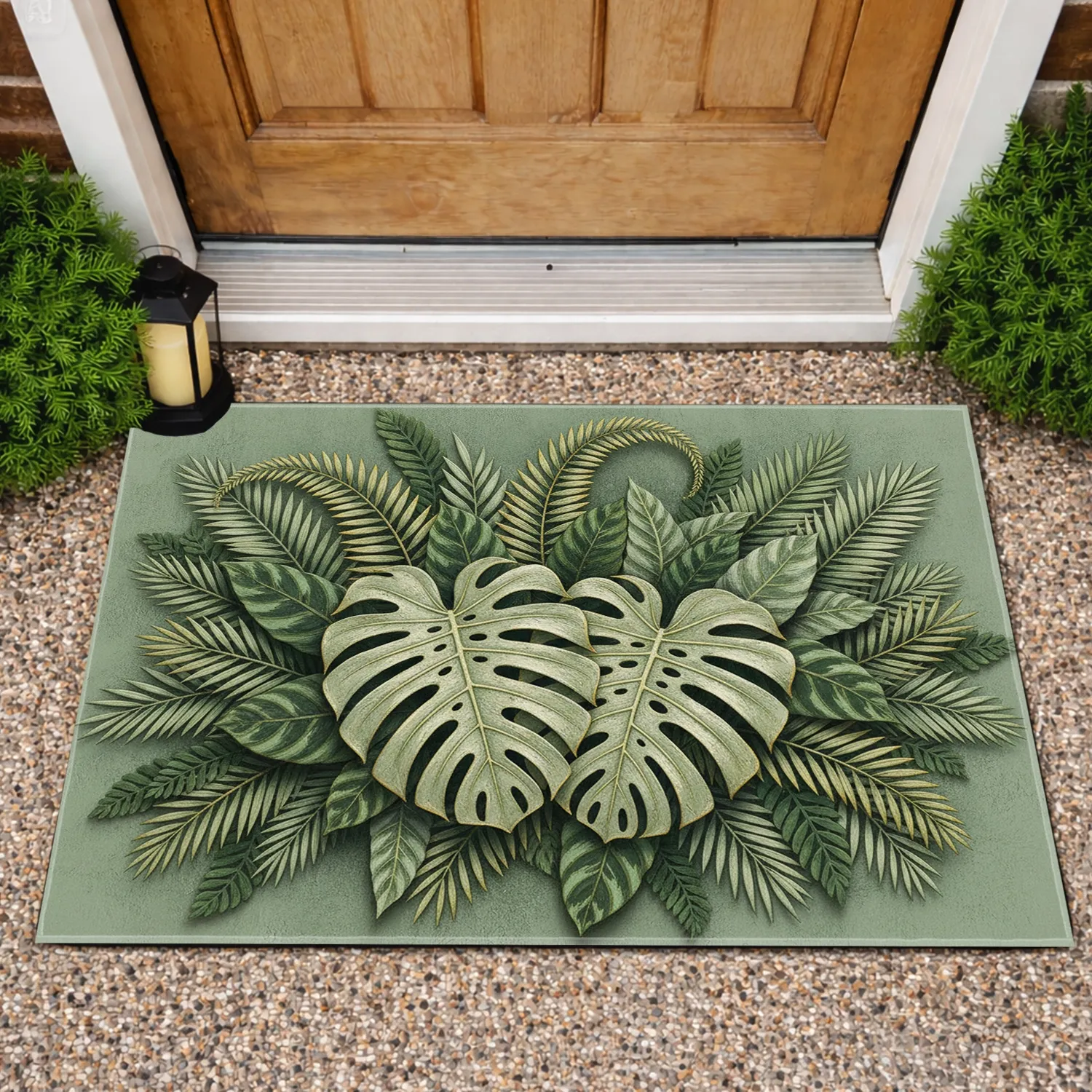 Monstera Fern Tropical Leaf Greenery Aged Plaster - Botanical Home Decor Gift Doormat - 1