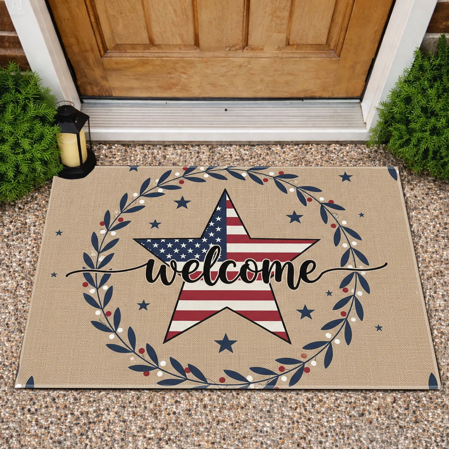 American Flag Welcome Star Wreath - Independence Day Gift for Fourth of July Hosts Doormat - 1