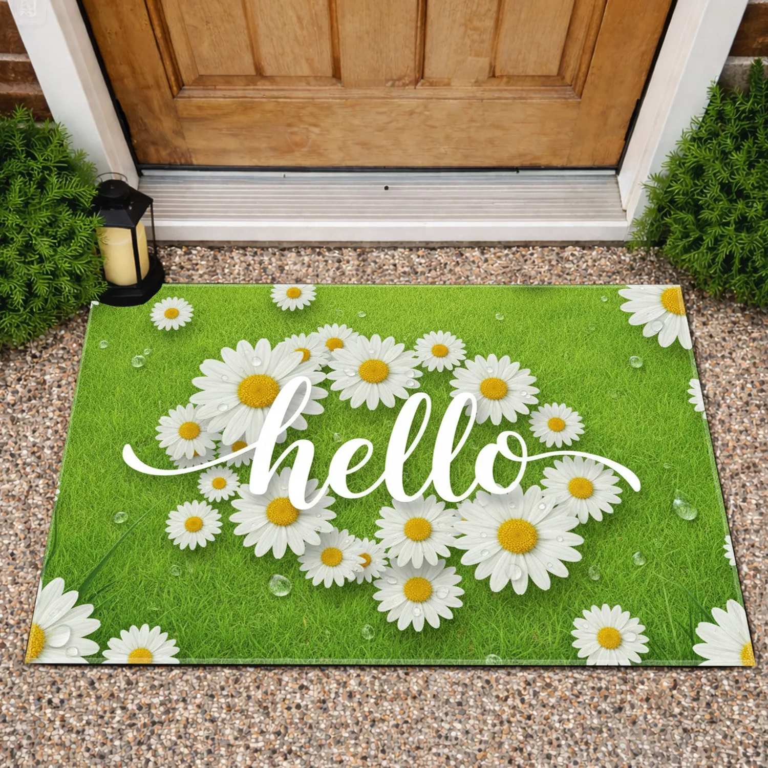 Hello White Daisy Green Field - Spring Home Decor Gift Doormat - 1