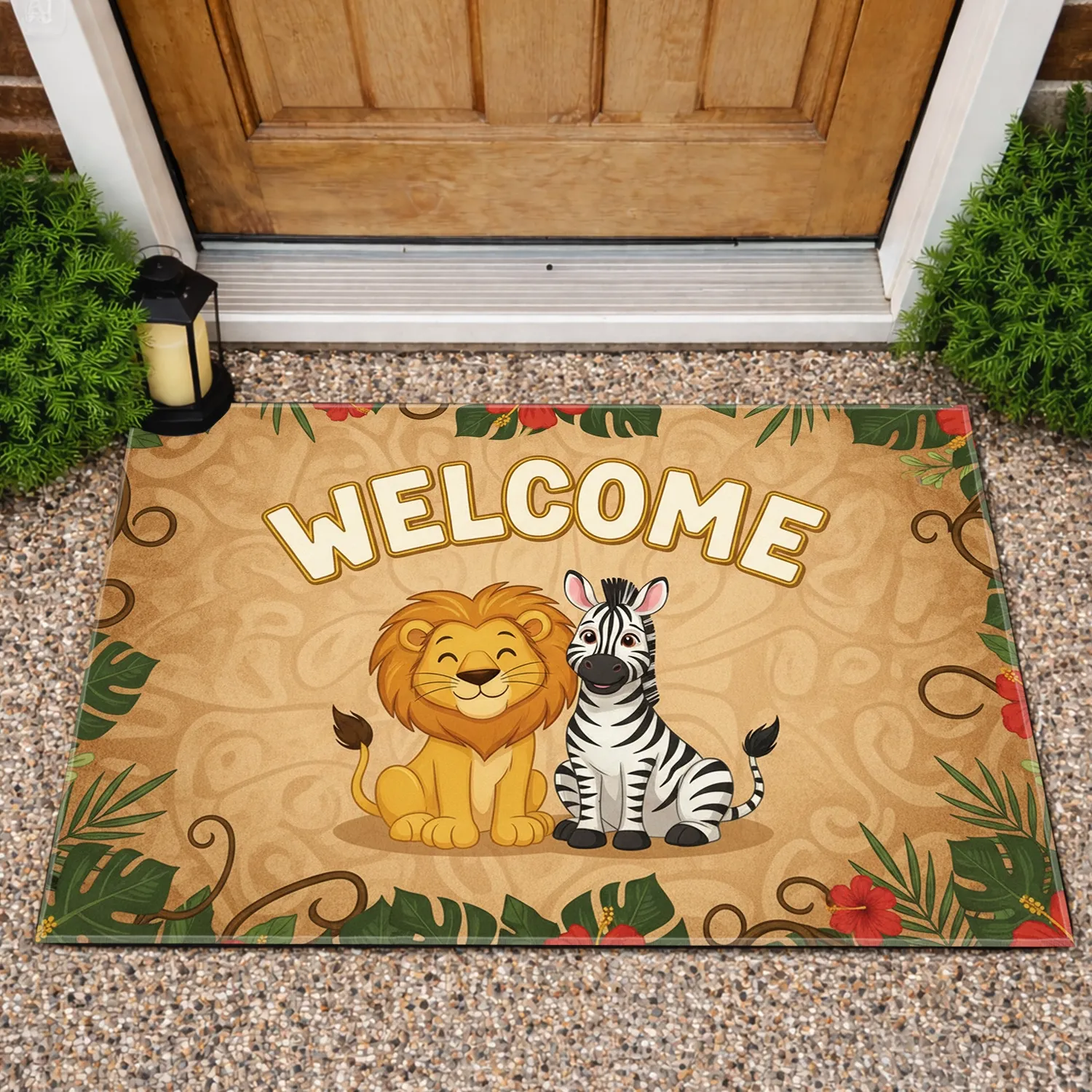 Lion Zebra Welcome Sign Tropical Leaves Flowers - Home Decor Gift for Wildlife Lover Doormat - 1