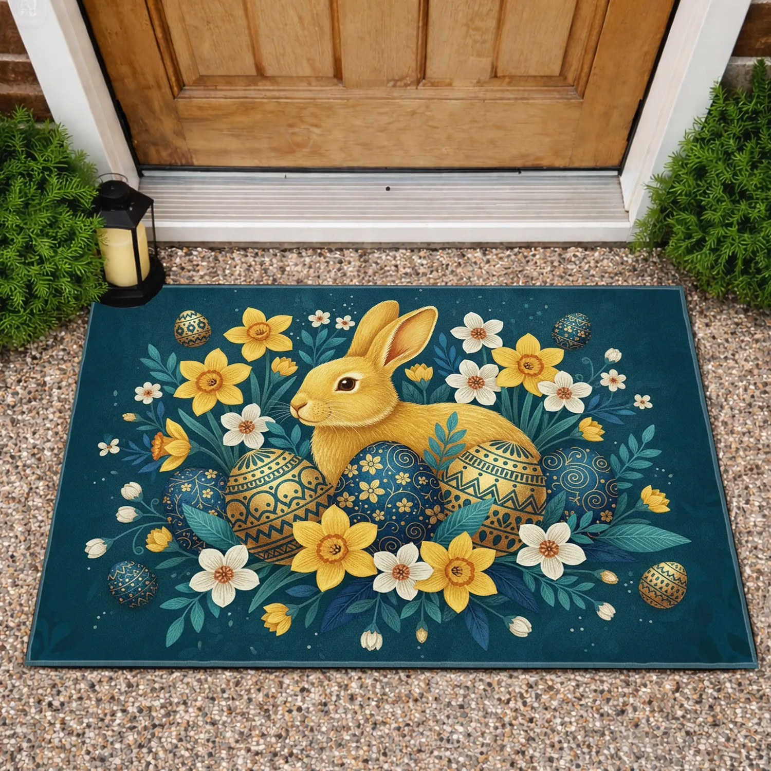 Golden Easter Bunny Easter Eggs Spring Flowers - Easter Home Decor Doormat - 1