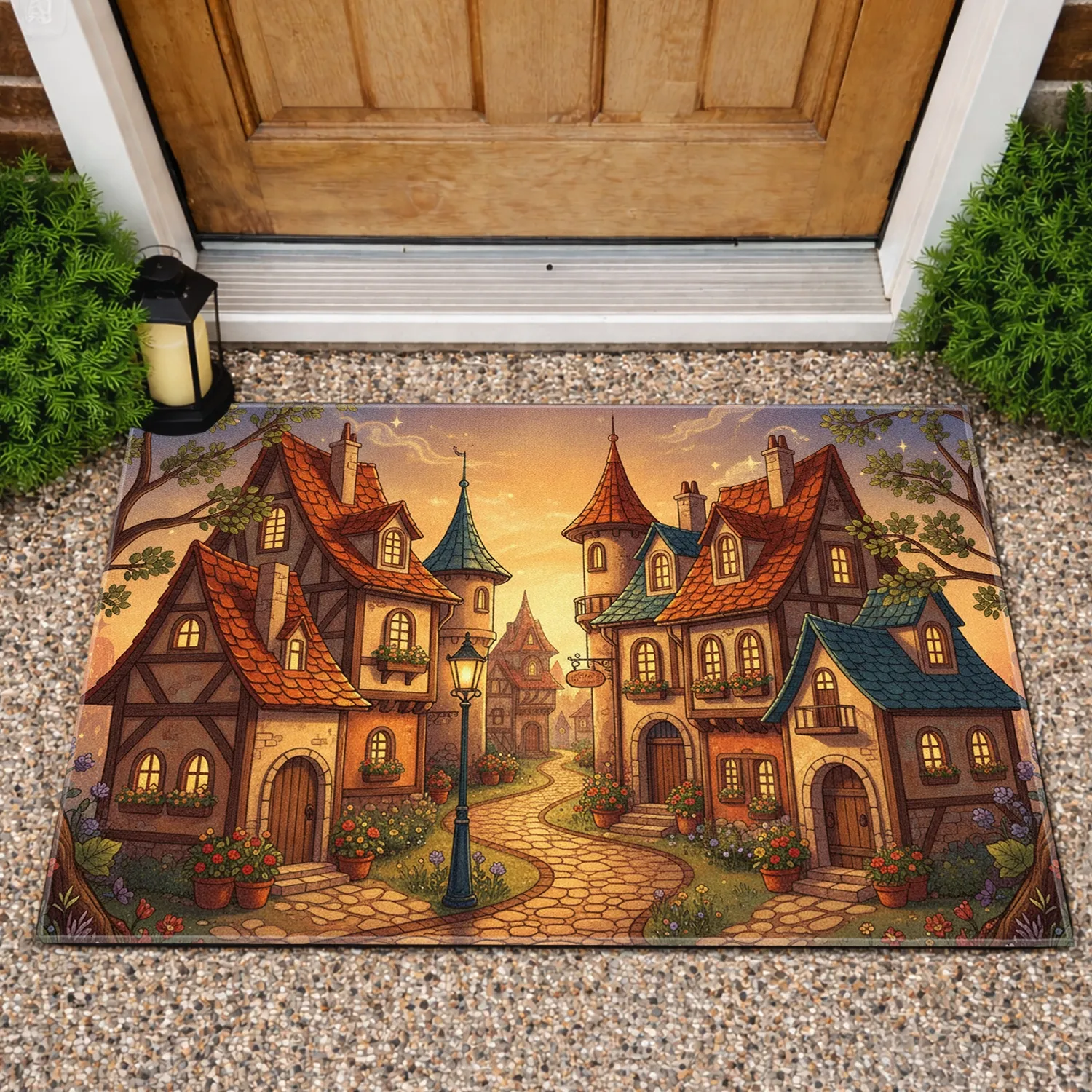 Picturesque European Townscape Glowing Windows Vintage Street Lamp - Home Decor Gift Doormat - 1