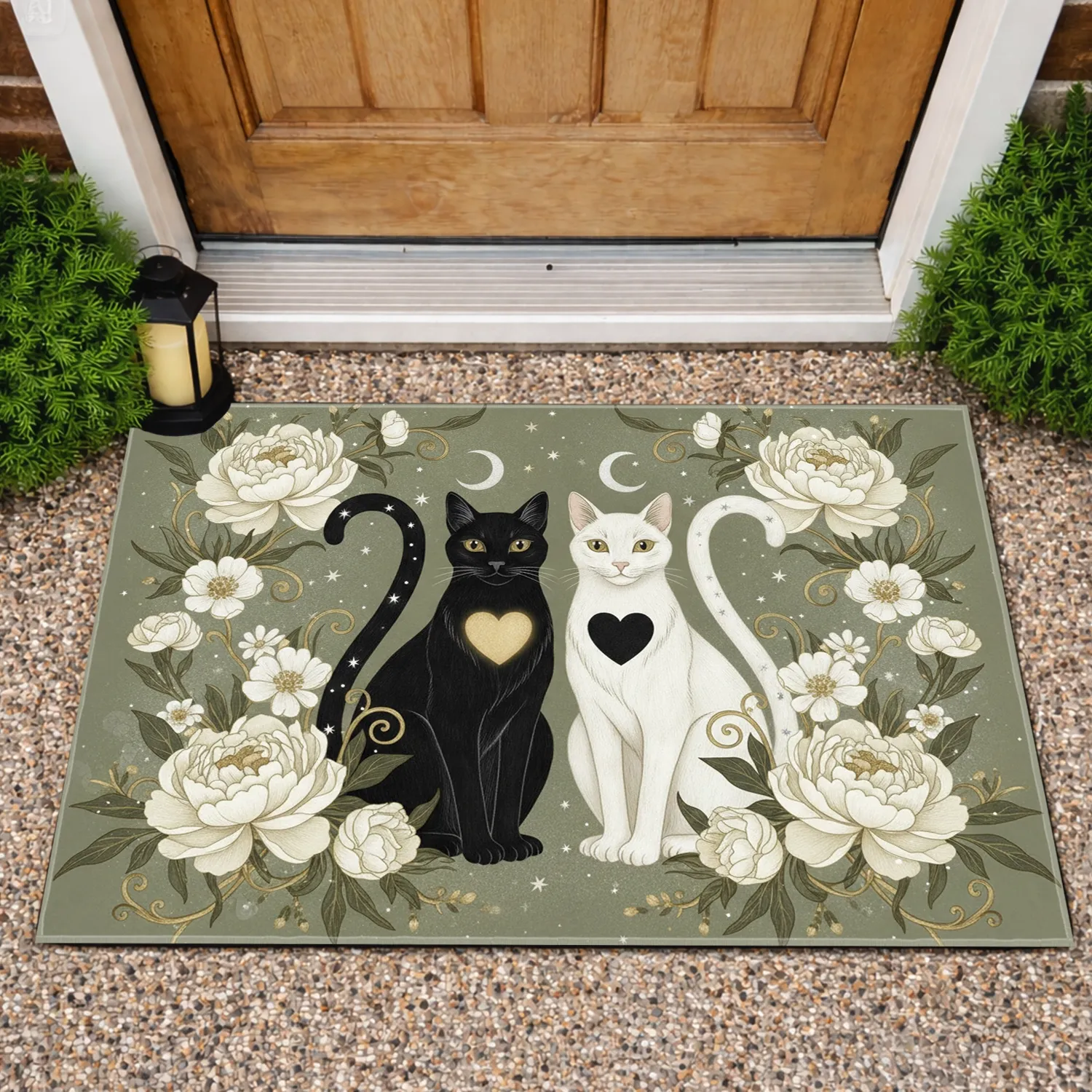 Black Cat Golden Heart White Cat Black Heart Peonies Vines Stars Moon - Home Decor Gift for Cat Lover Doormat - 1