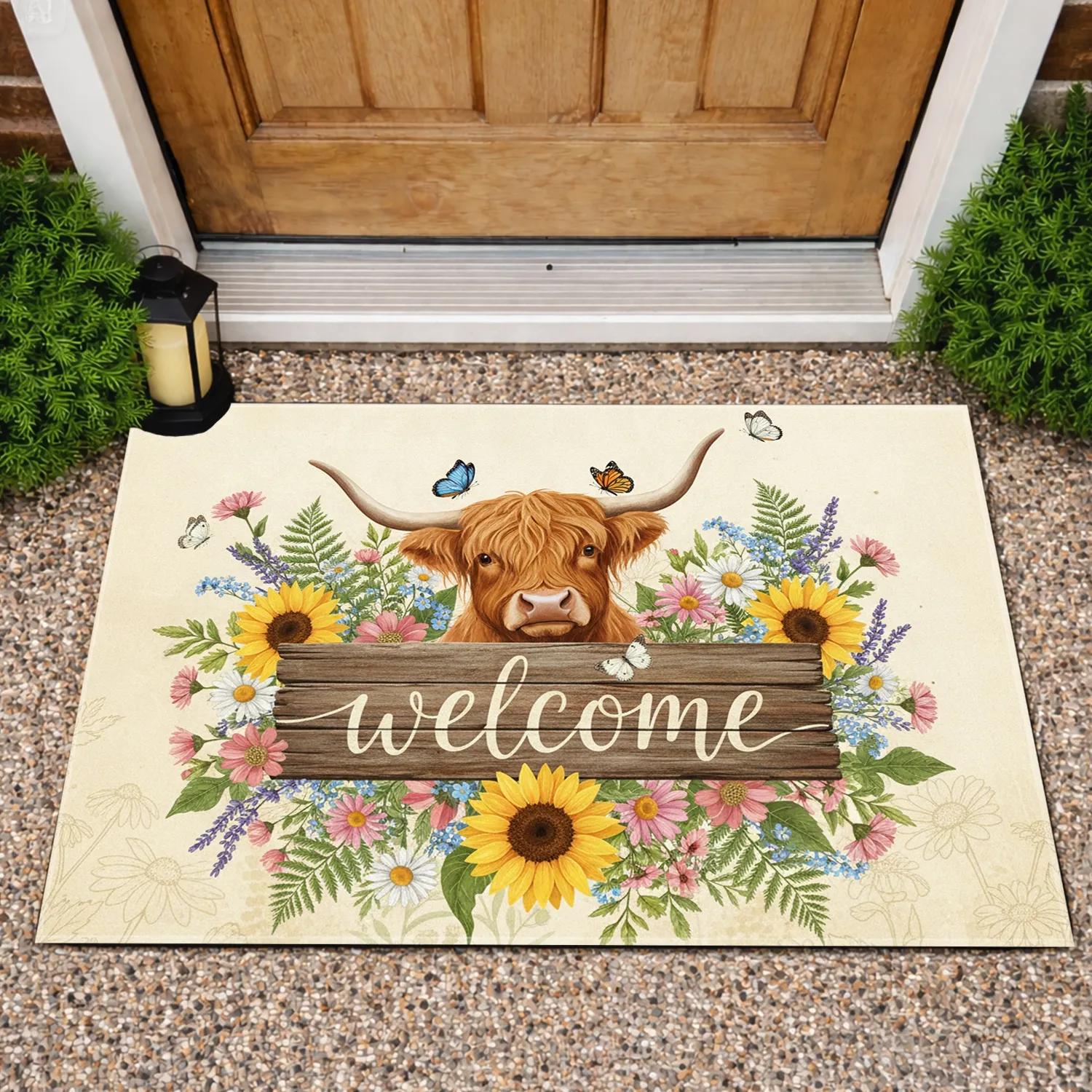 Highland Cow Welcome Sign Wildflower - Farmhouse Home Decor Gift for Cow Lover Doormat - 1