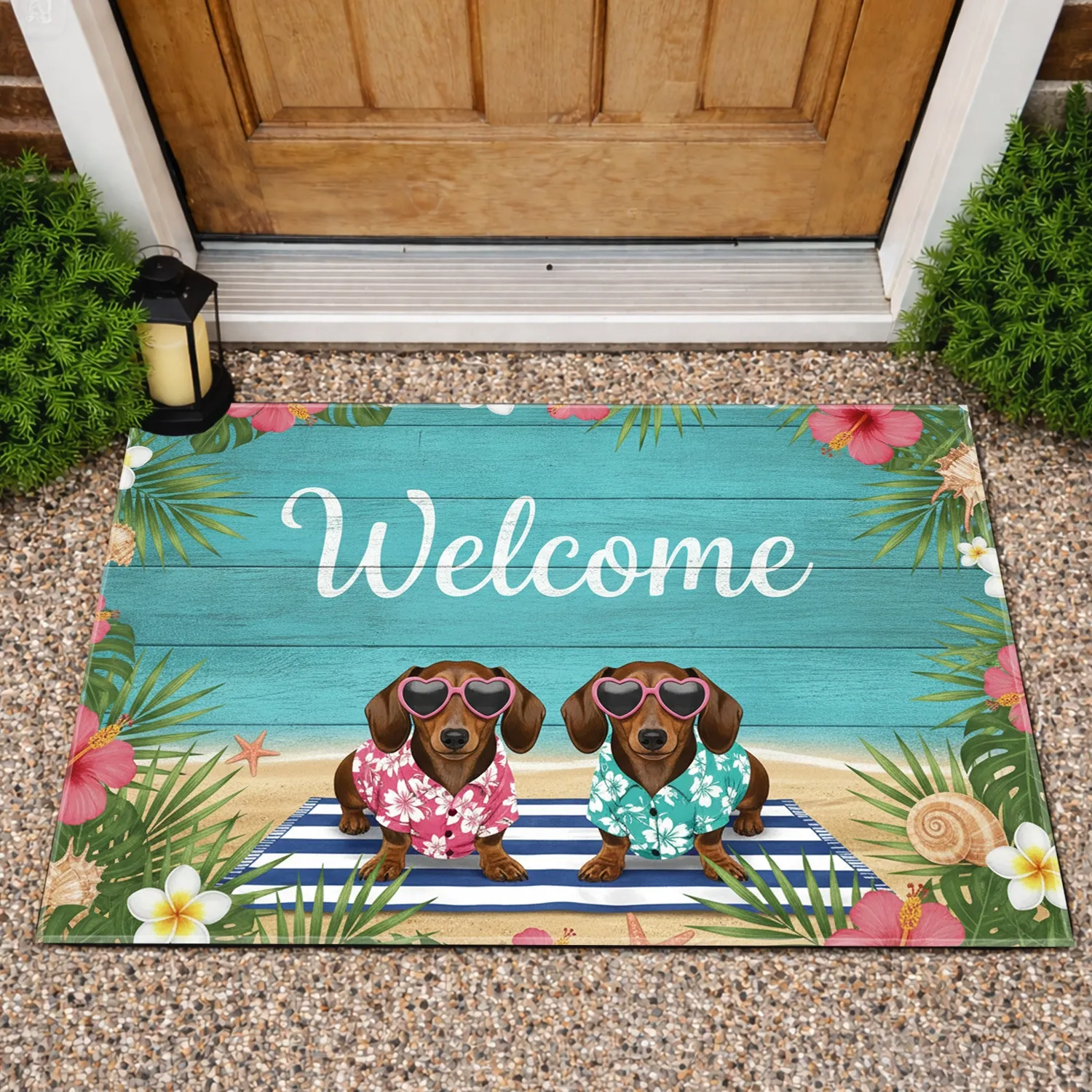 Welcome Dachshunds Heart Sunglasses Hawaiian Shirt Tropical Beach Home Decor Gift Doormat - 1