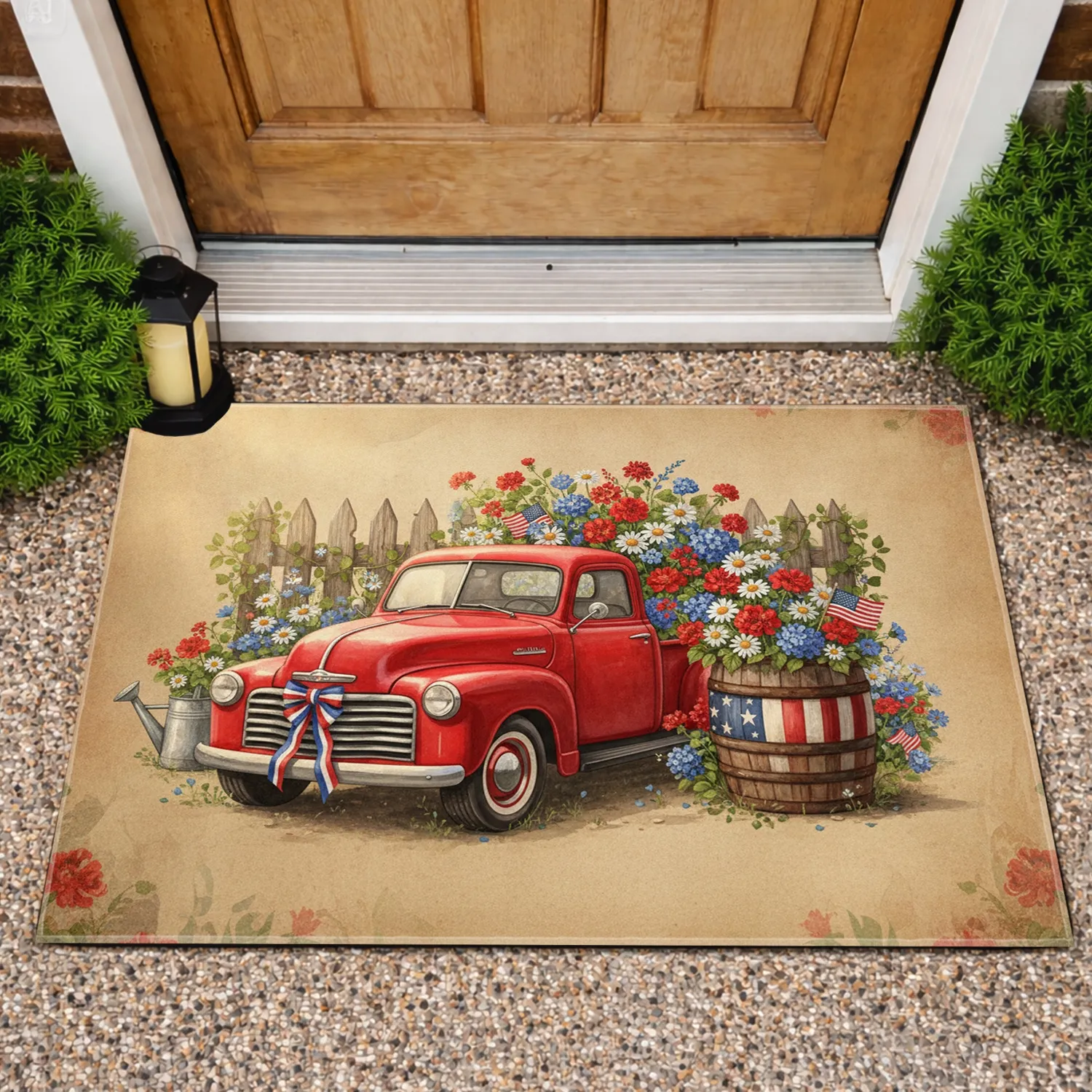 Vintage Red Pickup Truck Patriotic Garden - Independence Day Home Decor Gift Doormat - 1